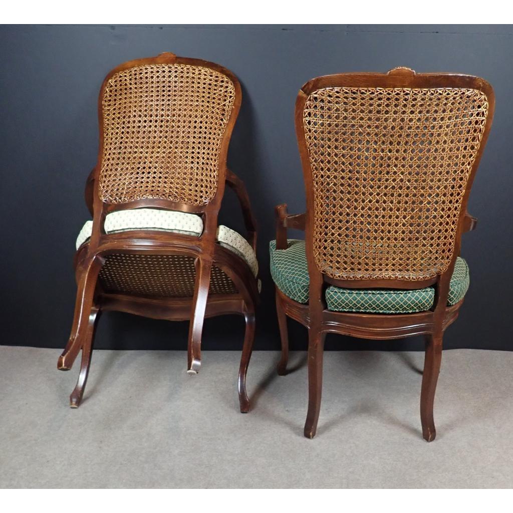 Set of 6 Carved Wood and Caned Dining Arm Chairs With Green and White Cusions In Good Condition In Norwood, NJ