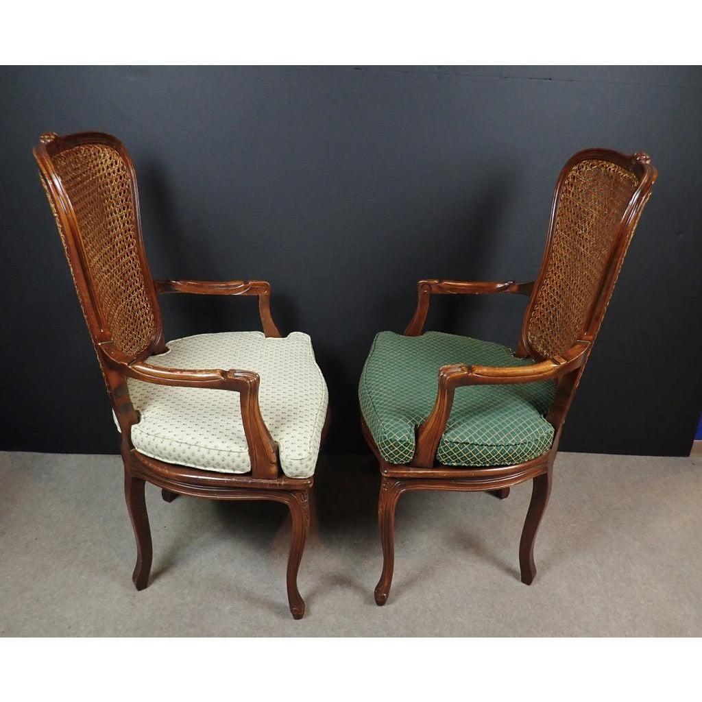 Late 20th Century Set of 6 Carved Wood and Caned Dining Arm Chairs With Green and White Cusions