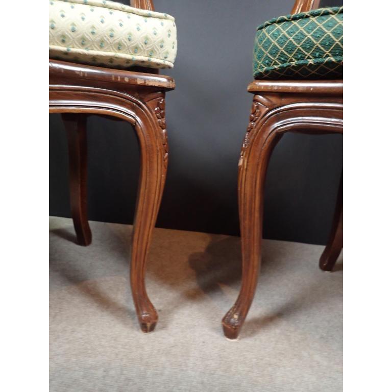 Set of 6 Carved Wood and Caned Dining Arm Chairs With Green and White Cusions 3