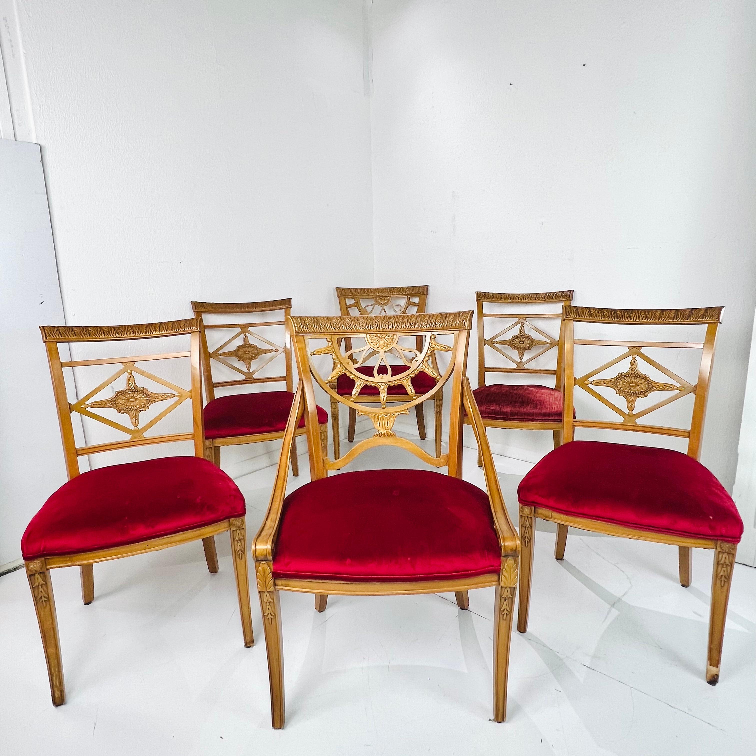 A classic set of six French neoclassical dining room chairs from the late 19th century, with carved splat, back and arms, and fluted legs. Upholstery shows fading, stains and wear - Reupholstery and touch-up recommended. One chair has crack in frame