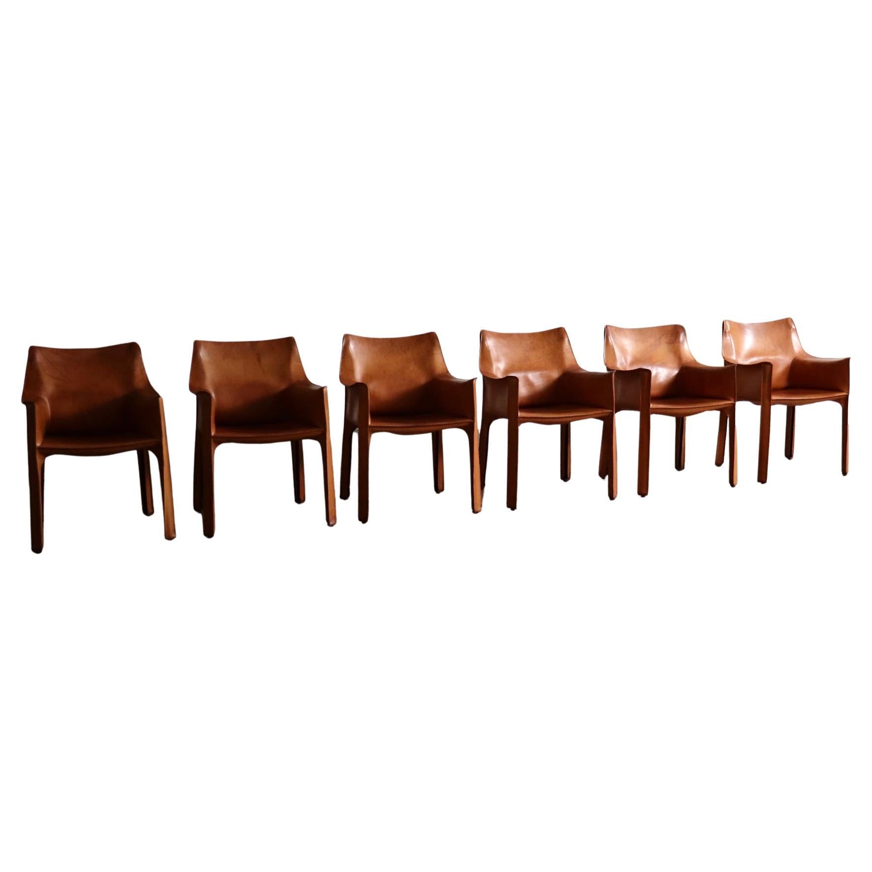 Set Of 6 Cassina CAB Dining Chairs In Cognac Leather By Mario Bellini 1970s