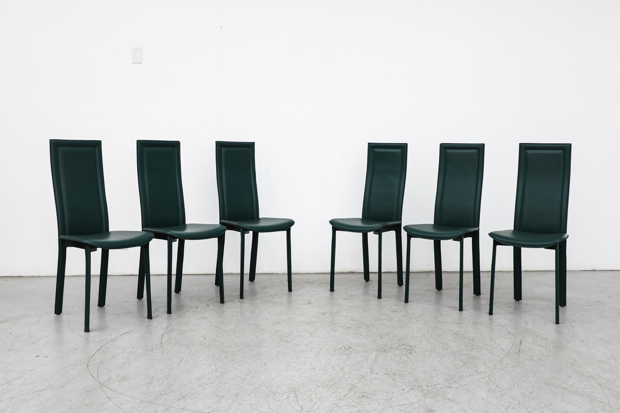 Set of 6 CATTELAN ITALIA high back green leather dining chairs with leather wrapped legs. 1980s. In original condition with visible wear, including pitting and discoloration to the chrome and patina on leather. Wear is consistent with their age and