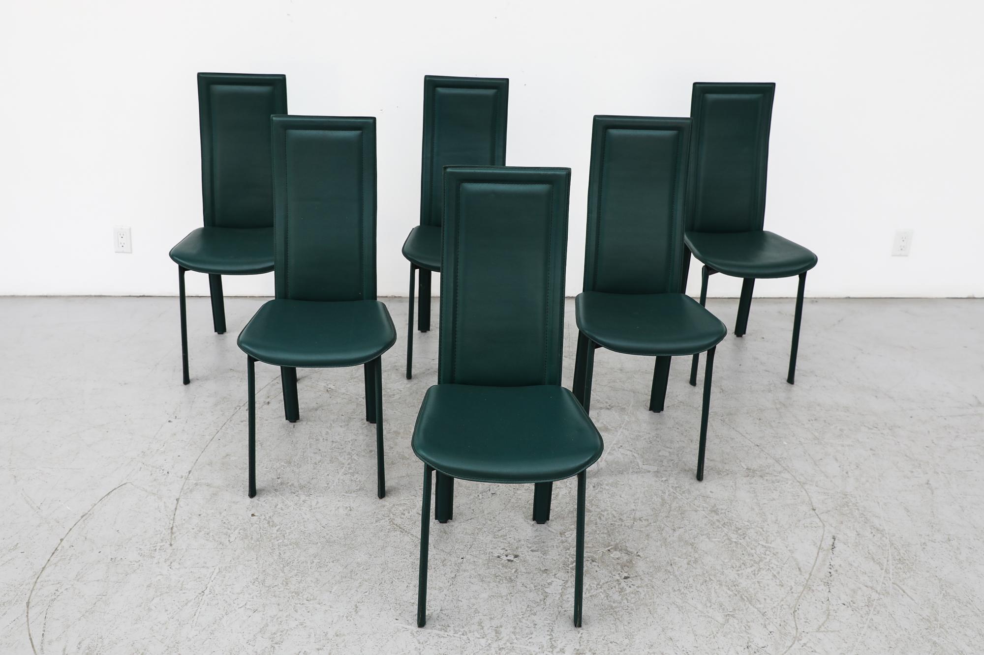 Mid-Century Modern Set of 6 Cattelan Italia Green Leather High Back Chairs For Sale