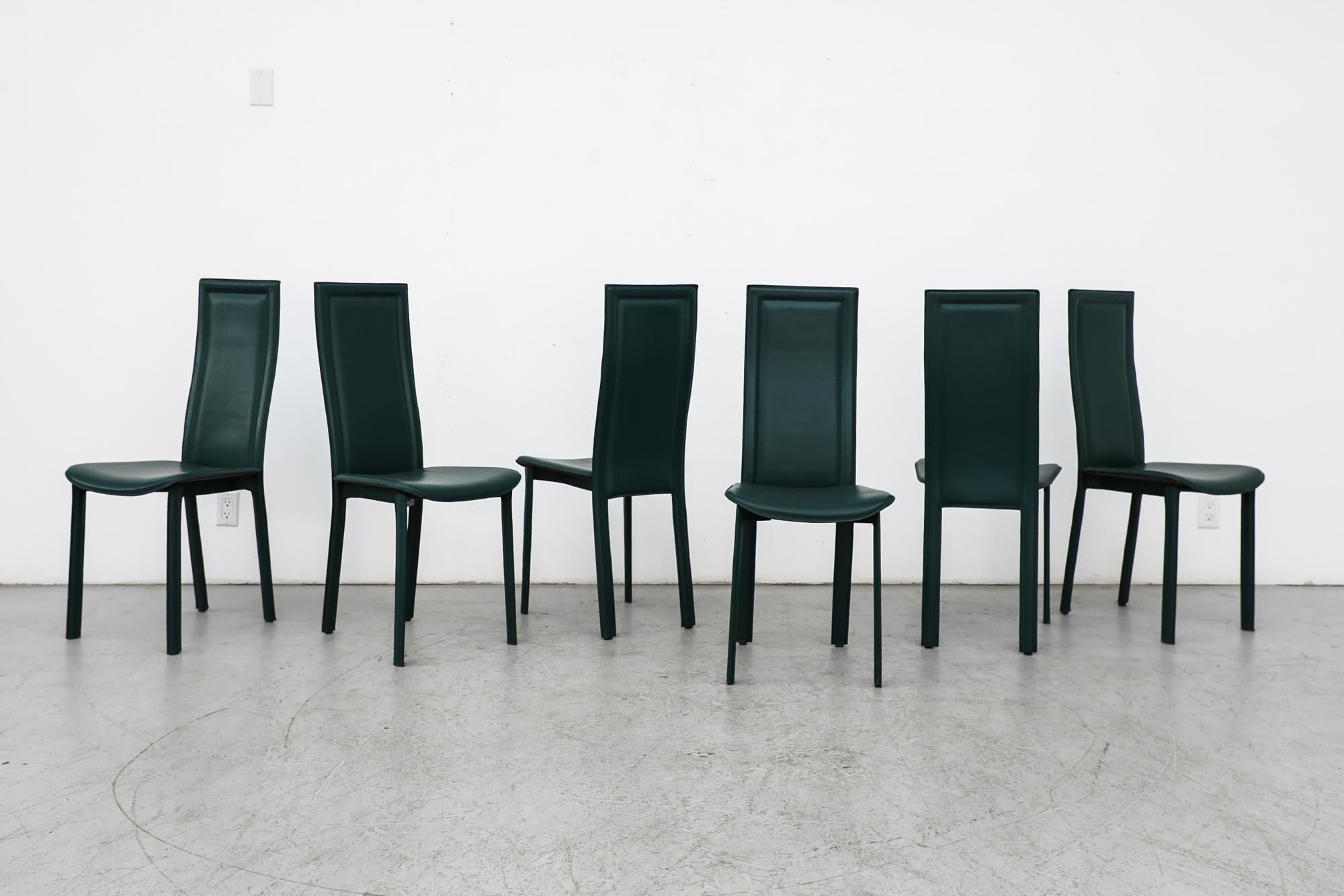 Mid-Century Modern Set of 6 Handsome Green Leather Cattelan Italia High Back Dining Chairs For Sale