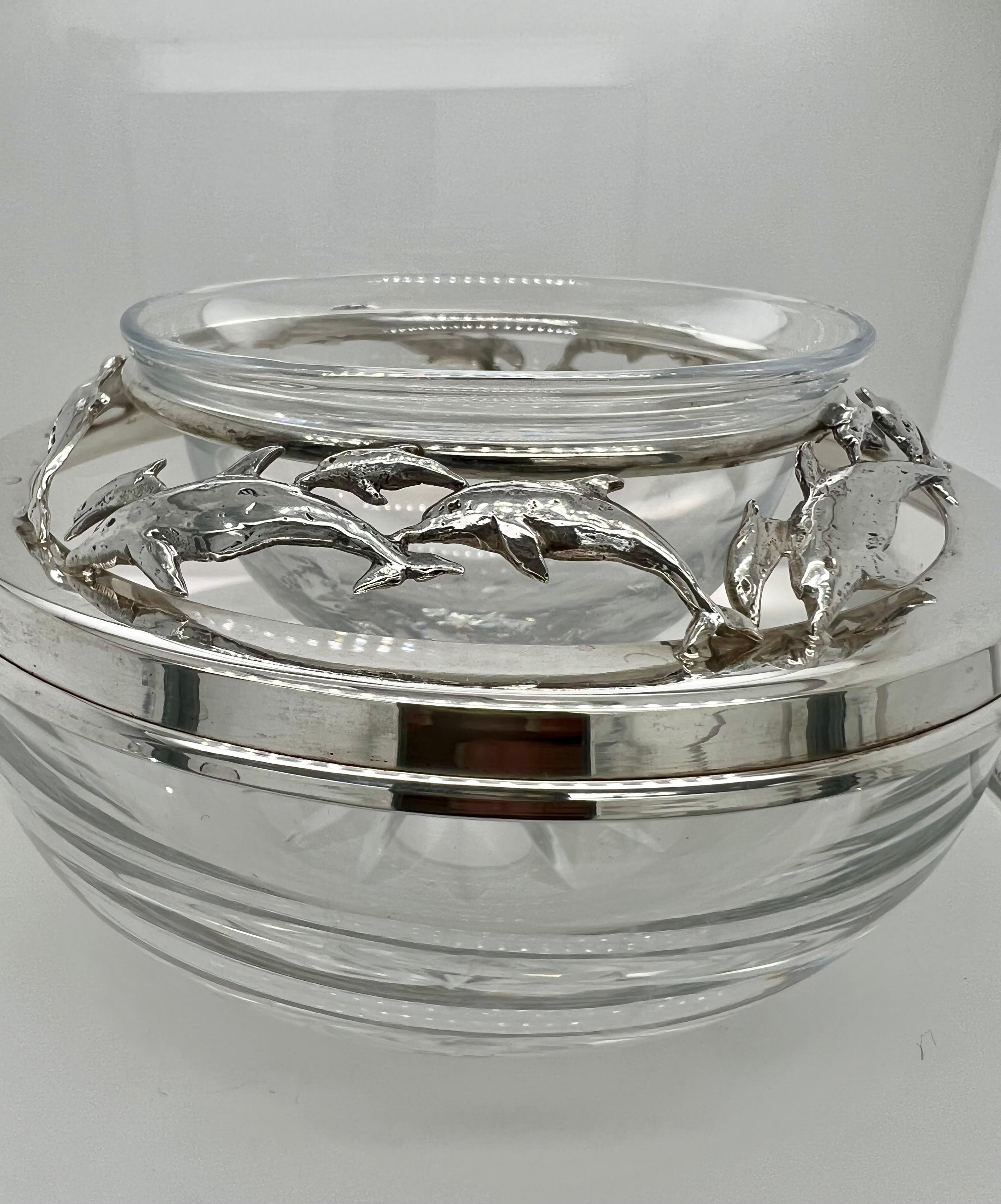 Art Deco Set of 6 Caviar Server Crystal and Sterling Silver Dolphin Decoration