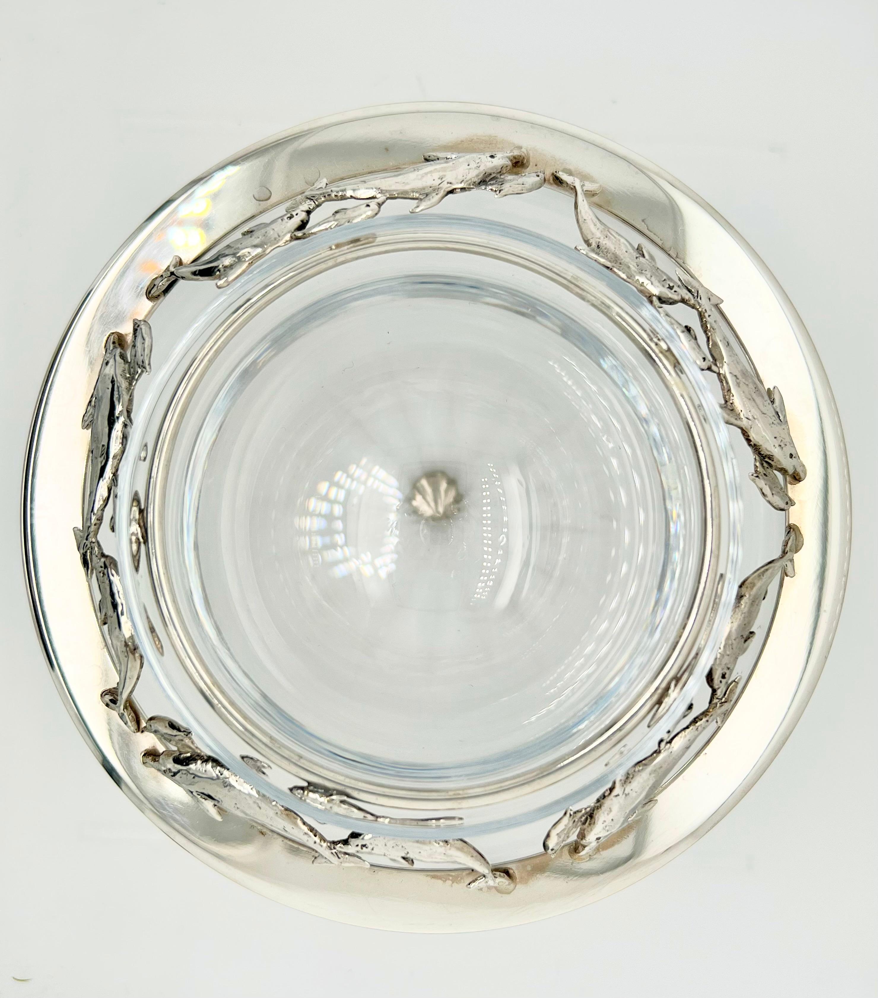 Unknown Set of 6 Caviar Server Crystal and Sterling Silver Dolphin Decoration