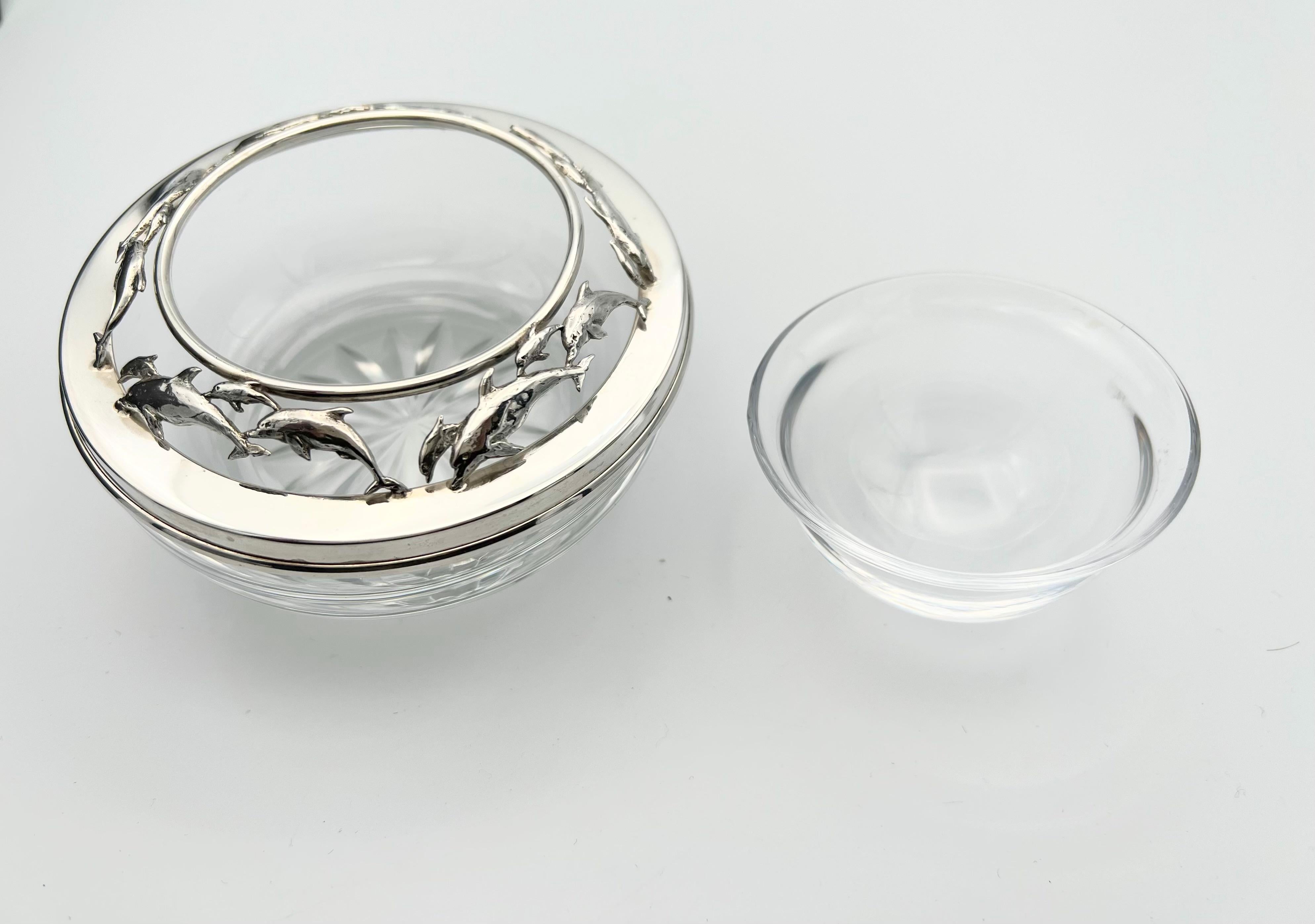 Set of 6 Caviar Server Crystal and Sterling Silver Dolphin Decoration In Excellent Condition In New York, NY