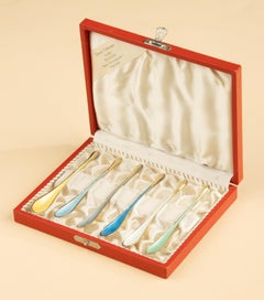 Set of 6 Caviar Spoons - ELA Denmark - Sterling Silver & Guilloché Enamel
