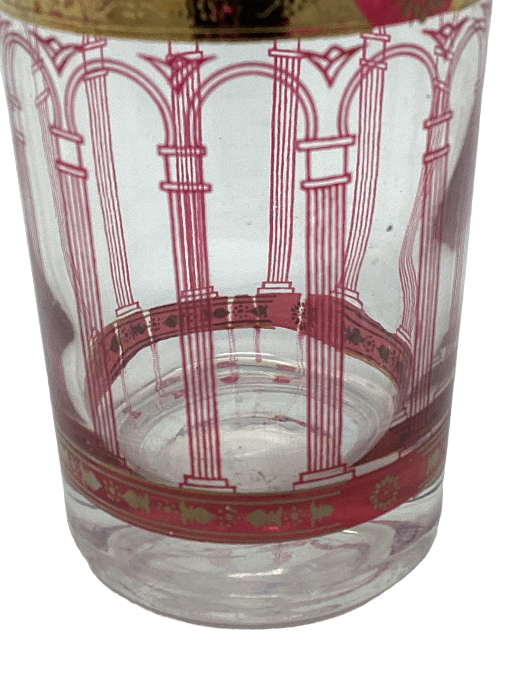 Set of 6 Cera Cranberry Highball Glasses with Grapes and Arched Columns.
