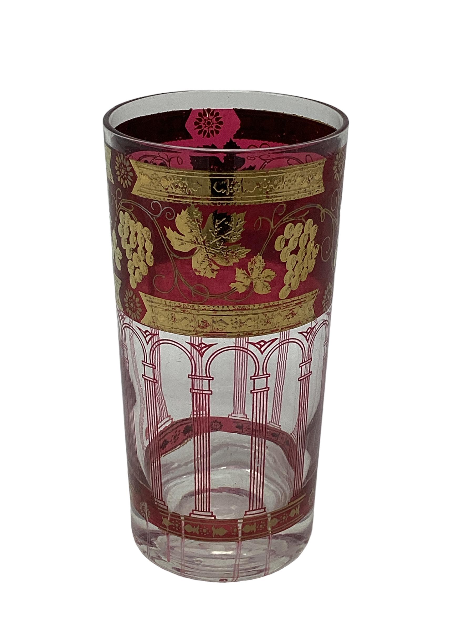 Mid-Century Modern Set of 6 Cera Cranberry Highball Glasses with Grapes and Arched Columns  For Sale
