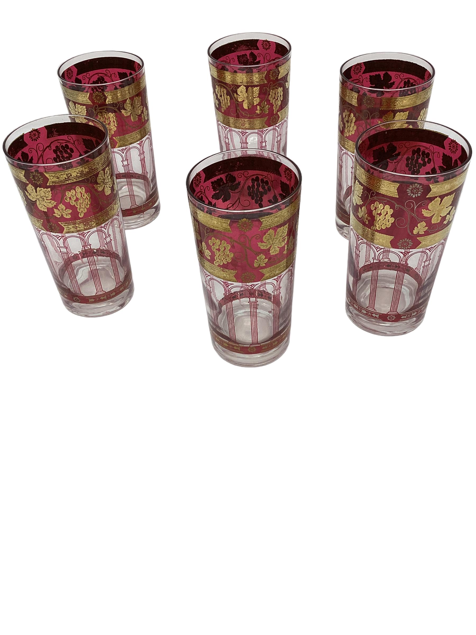 American Set of 6 Cera Cranberry Highball Glasses with Grapes and Arched Columns  For Sale
