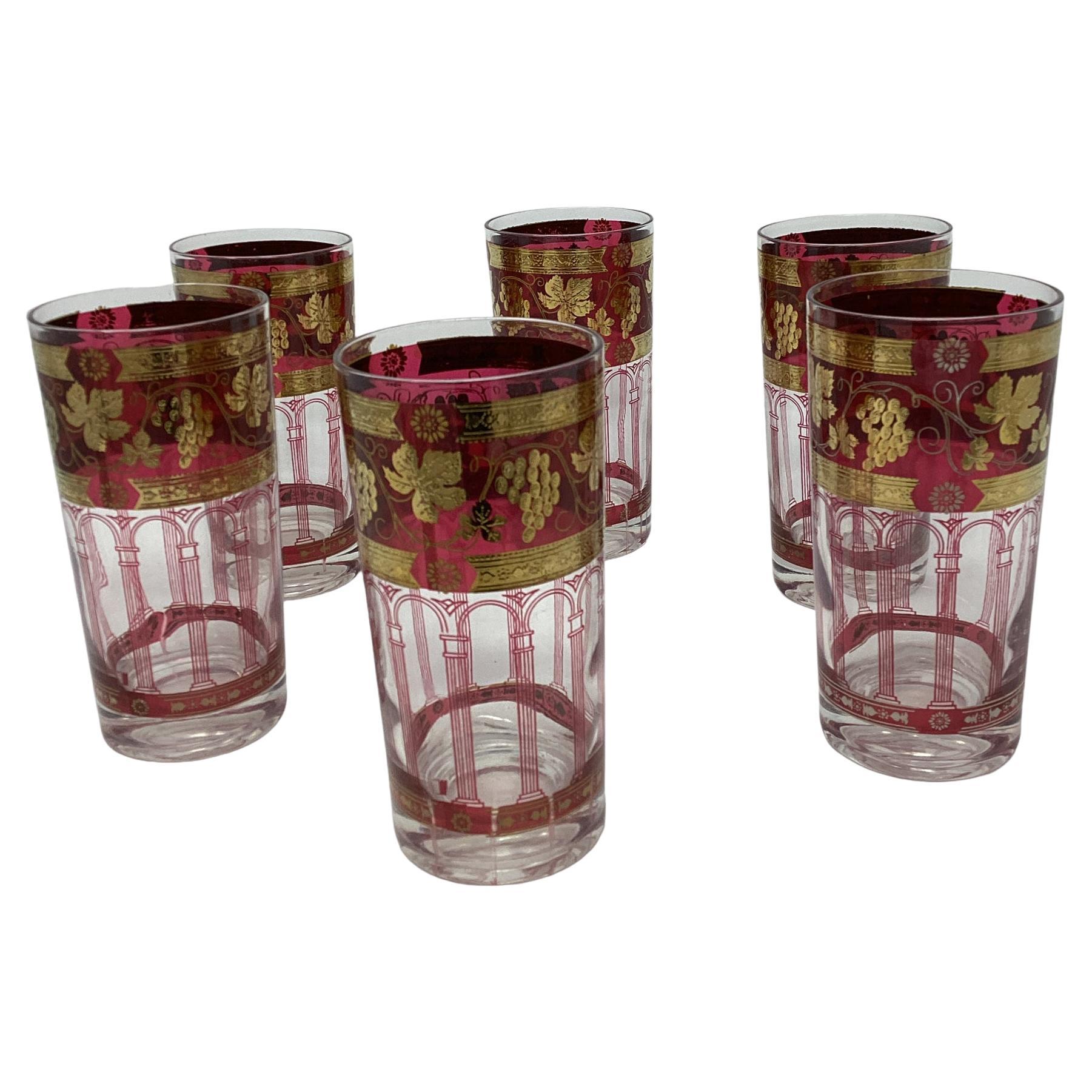 Set of 6 Cera Cranberry Highball Glasses with Grapes and Arched Columns 