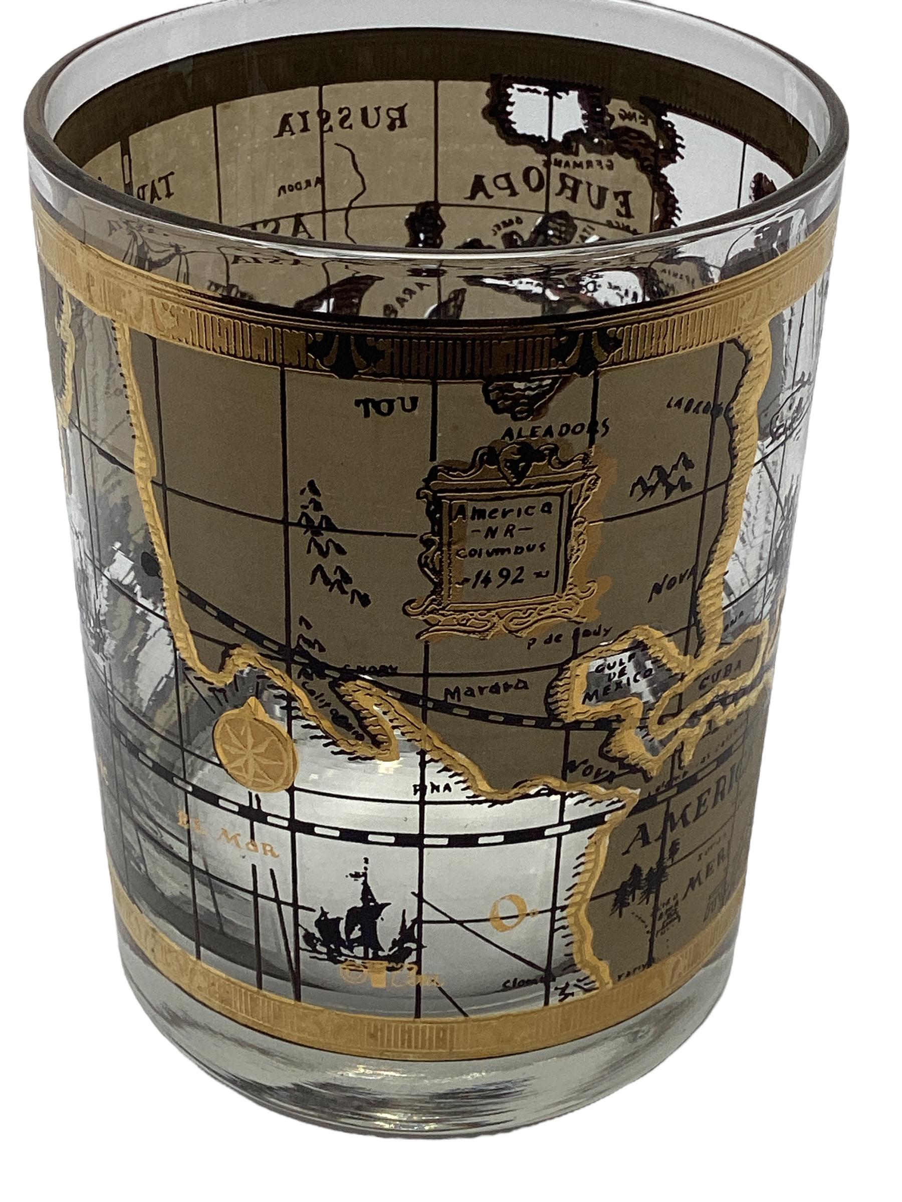 Set of 6 Cera Old World Map Double Rocks Glasses. These glasses are larger than rerocks glasses. Decorated with old world maps in tan coloration and 22k gold accents.