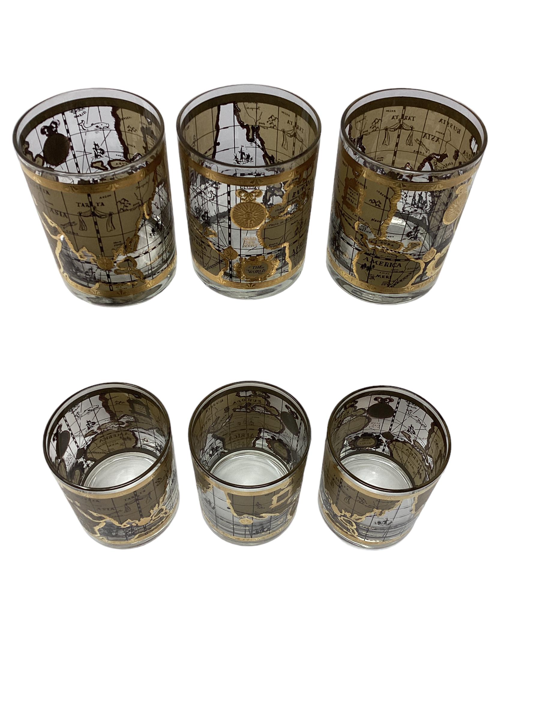 Mid-Century Modern Ensemble de 6 verres à double roche Cera Old World Map en vente
