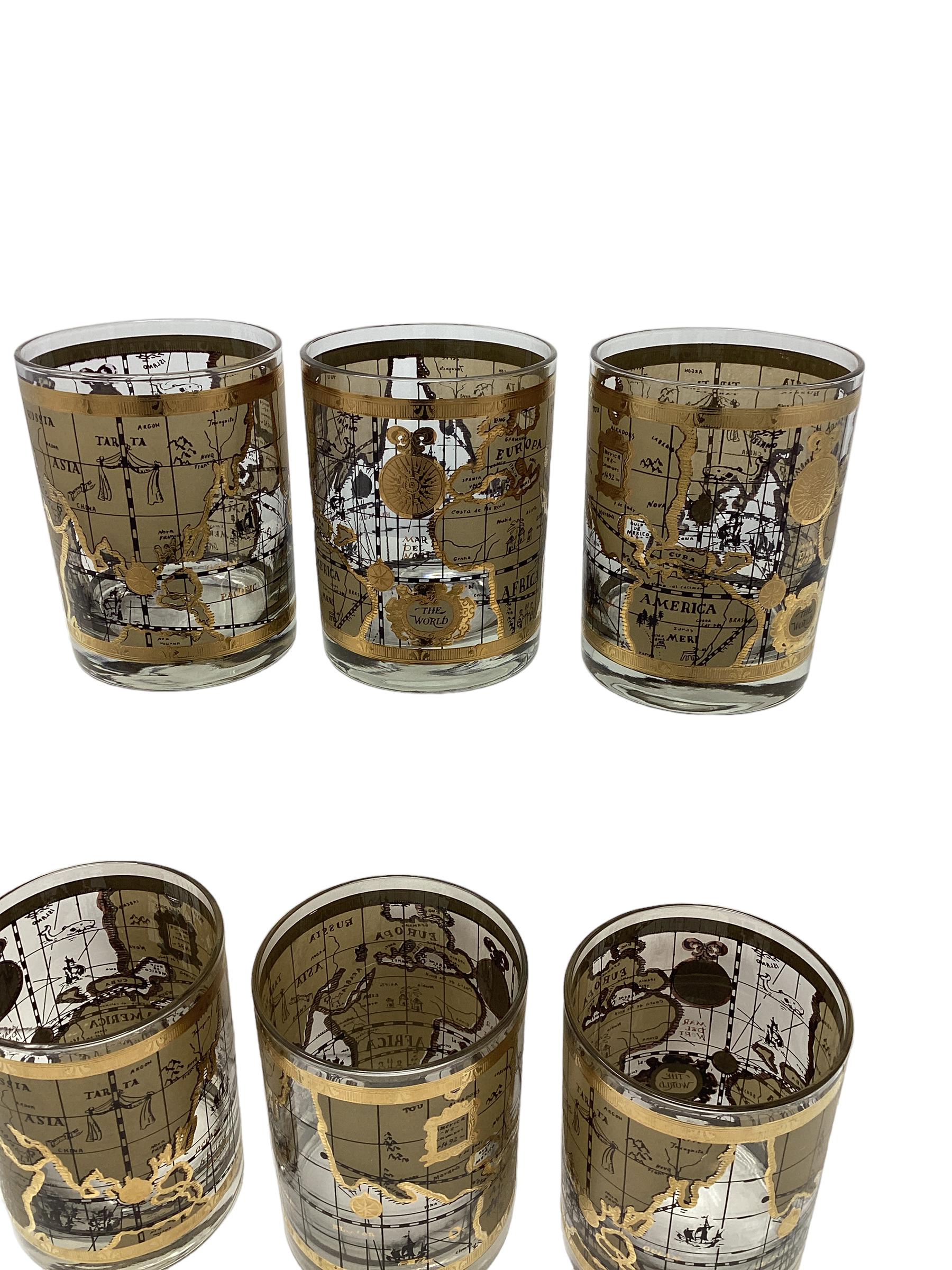 American Set of 6 Cera Old World Map Double Rocks Glasses For Sale