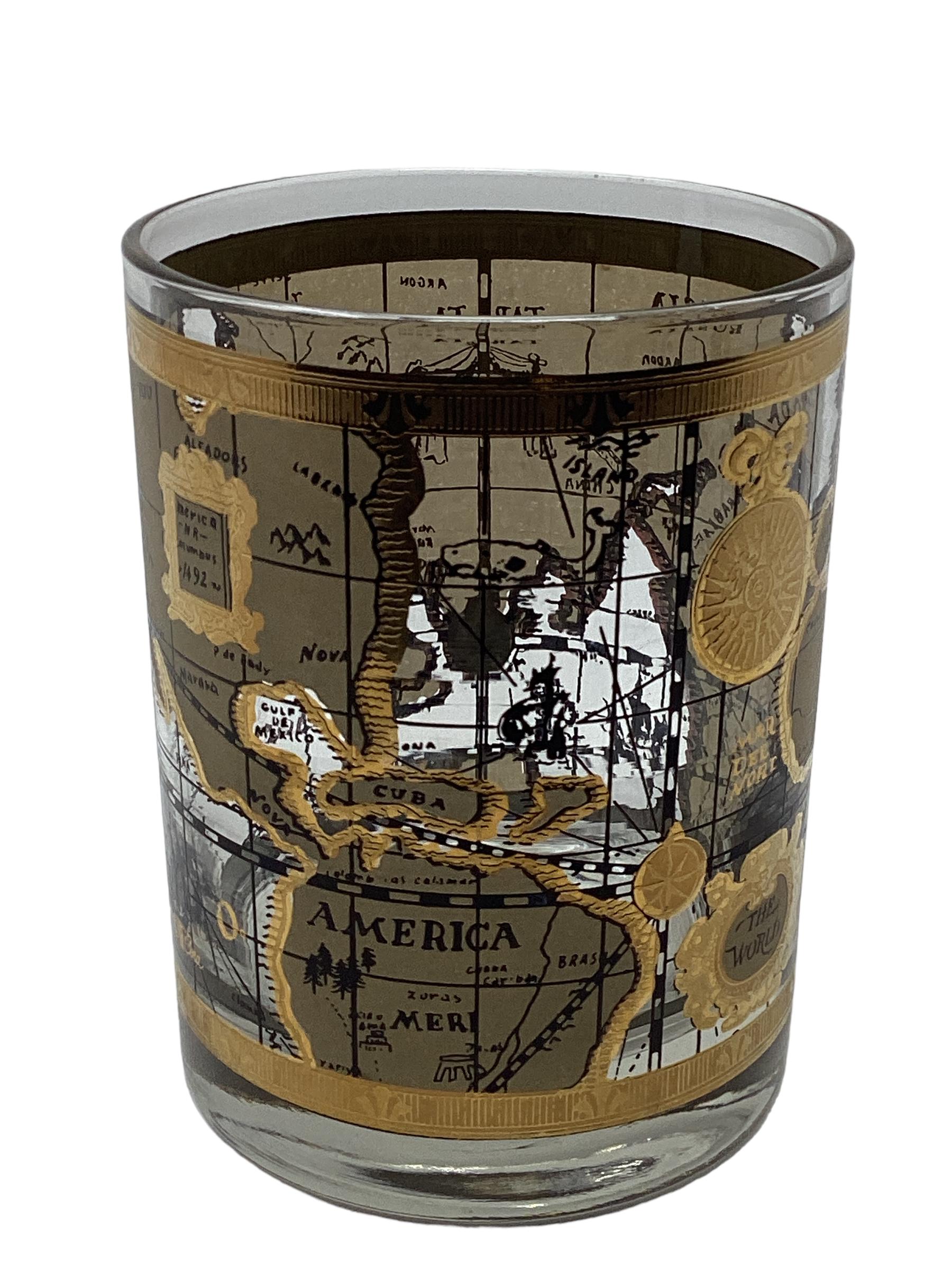 20ième siècle Ensemble de 6 verres à double roche Cera Old World Map en vente