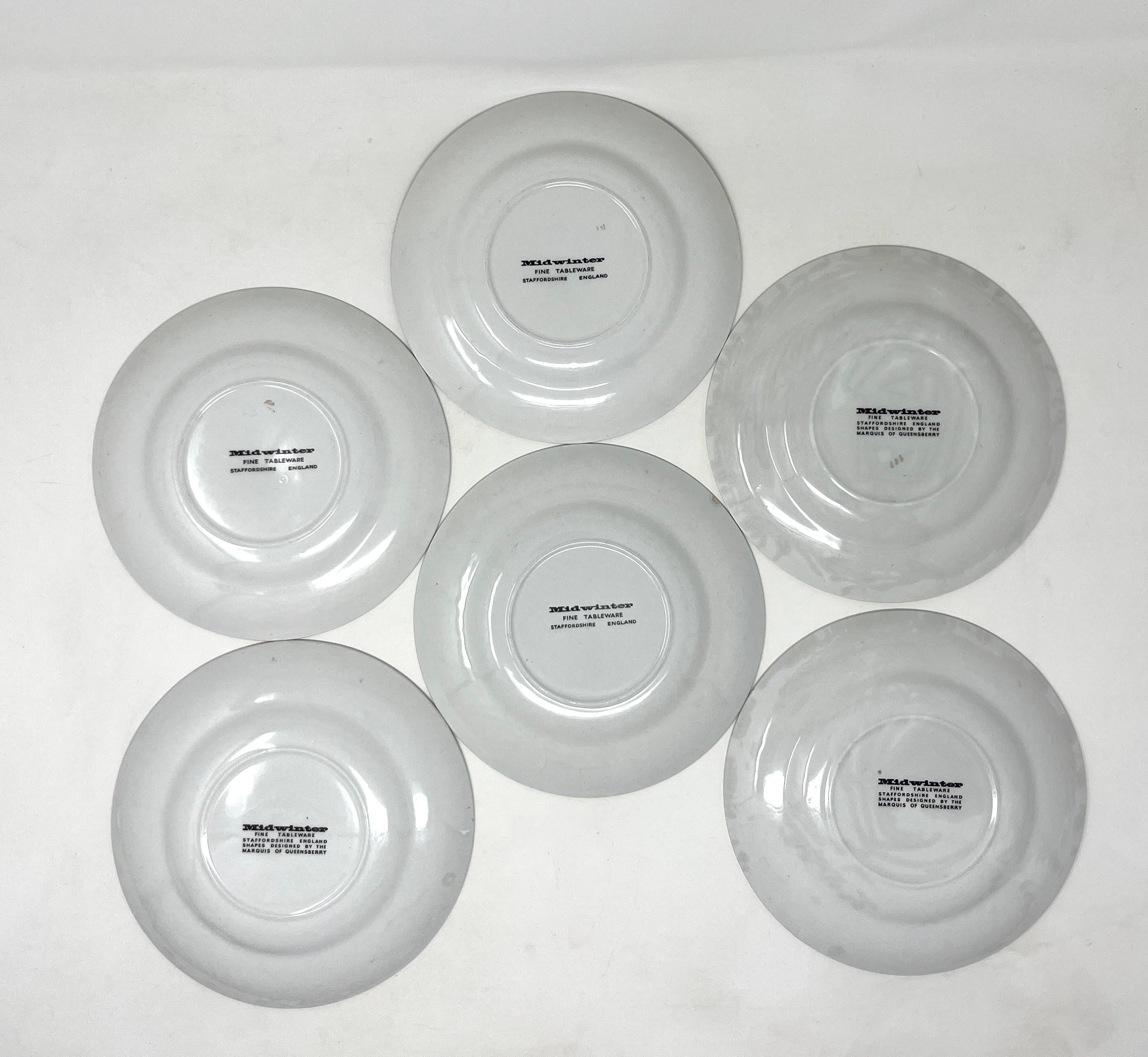 Set von 6 englischen Keramik-Teetellern aus Steingut in Focus-Muster aus Keramik von Midwinter im Zustand „Gut“ im Angebot in Chicago, IL