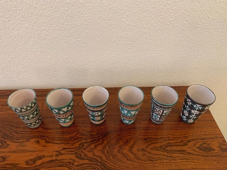 French Set of 6 Ceramic Gobelets by Robert Picault, Vallauris, France, ca. 1950's