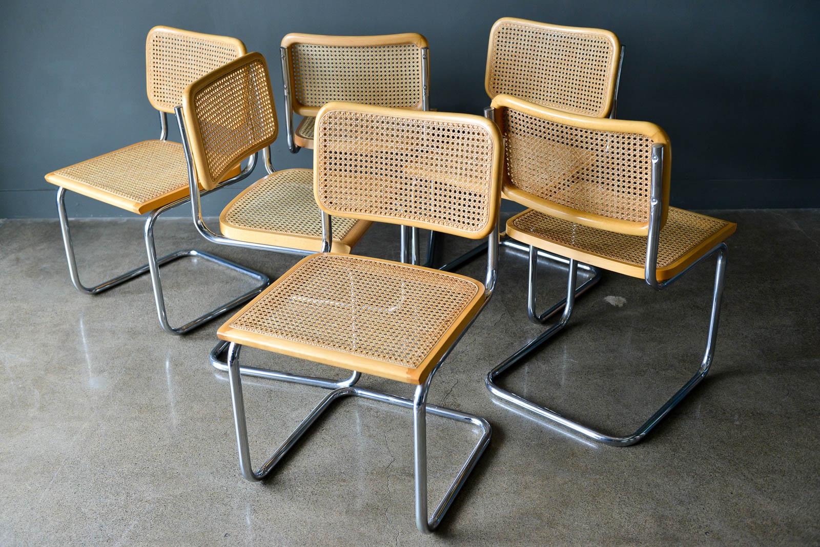 Set of 6 Cesca Cane and Bentwood Dining Chairs by Marcel Breuer, ca. 1960. Made in Italy, these beautiful chairs are in very good vintage condition with only slight wear. Cane is perfect and intact and chrome is bright and shiny with only slight