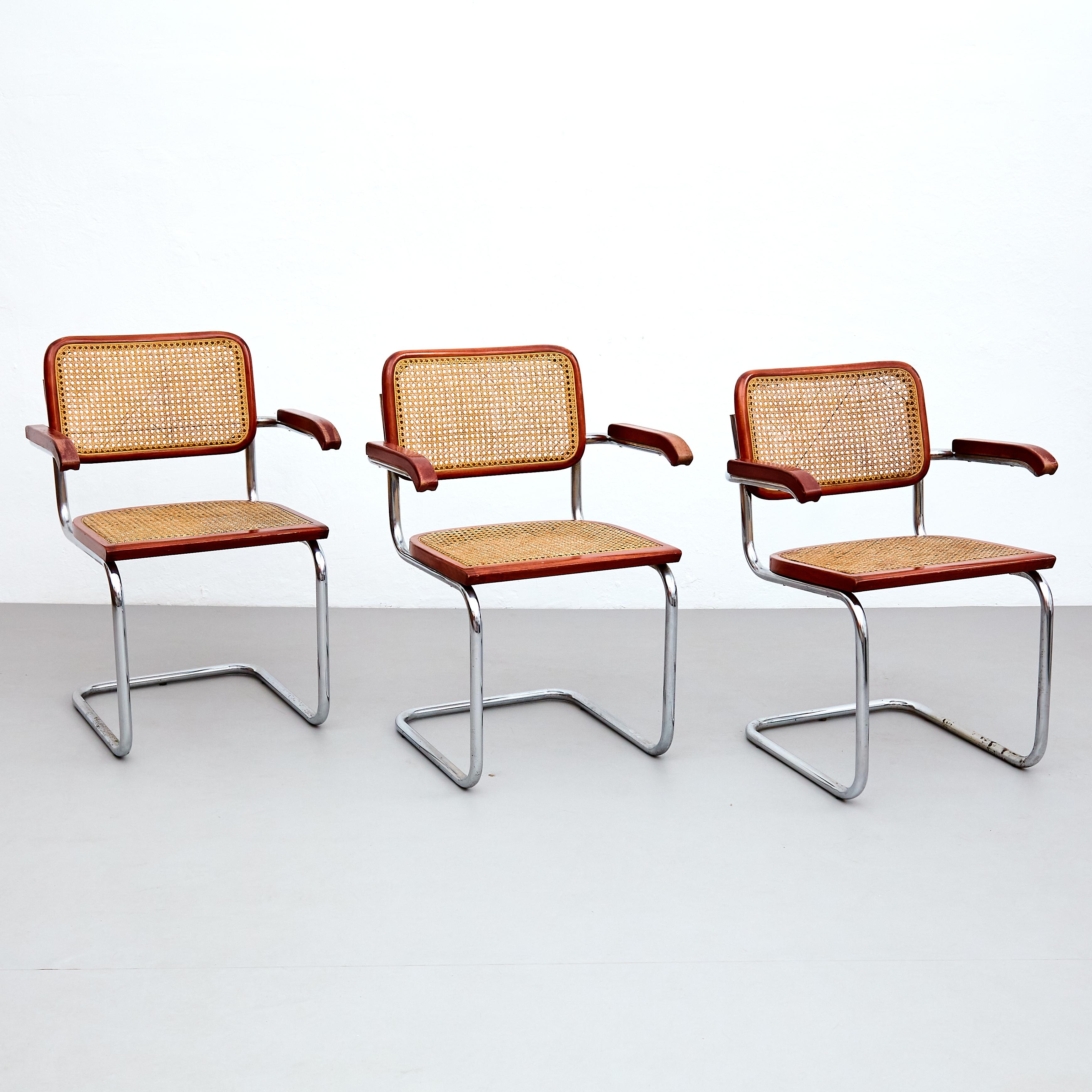 Italian Set of 6 Cesca Chairs by Marcel Breuer, Mid-Century Modern Metal & Wood Classic For Sale