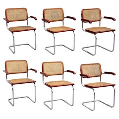 Set of 6 Cesca Chairs by Marcel Breuer, Mid-Century Modern Metal & Wood Classic