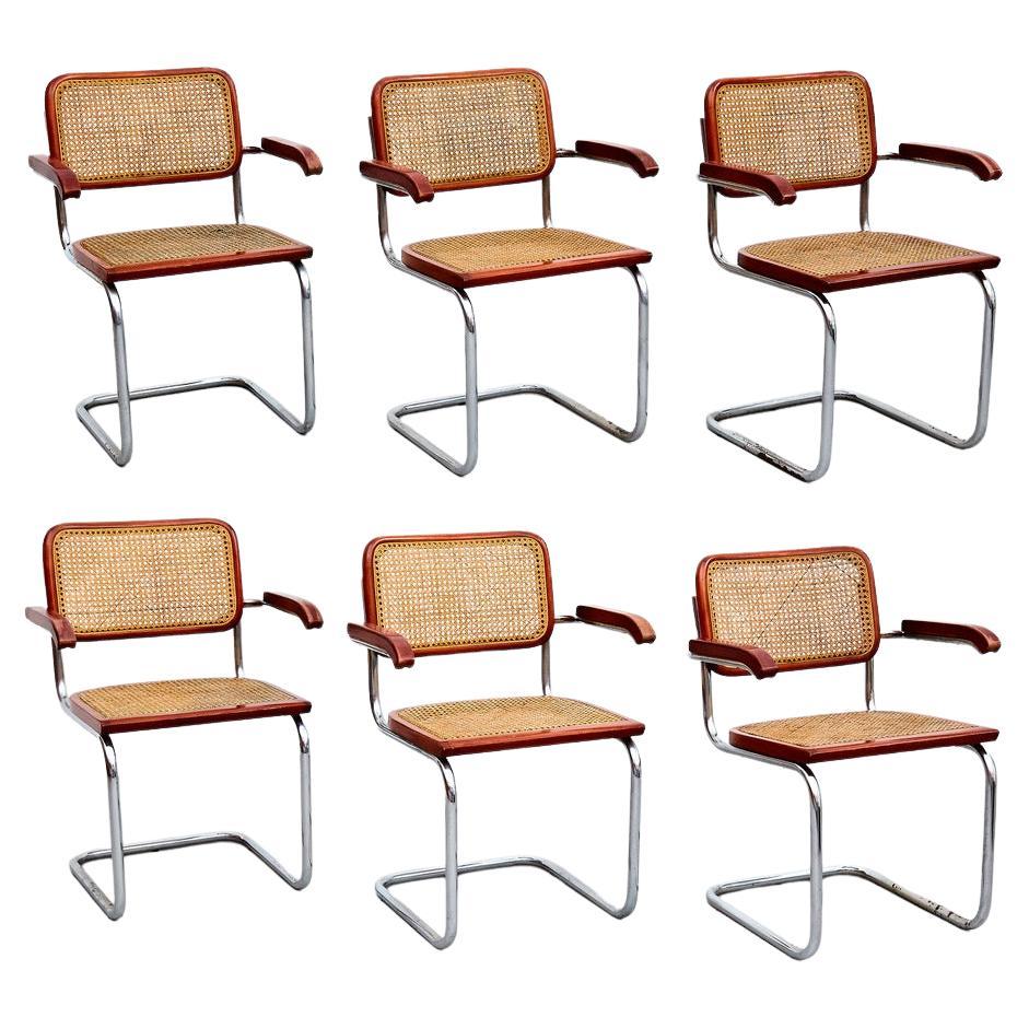 Ensemble de 6 chaises Cesca de Marcel Breuer, classique mi-siècle moderne en métal et bois