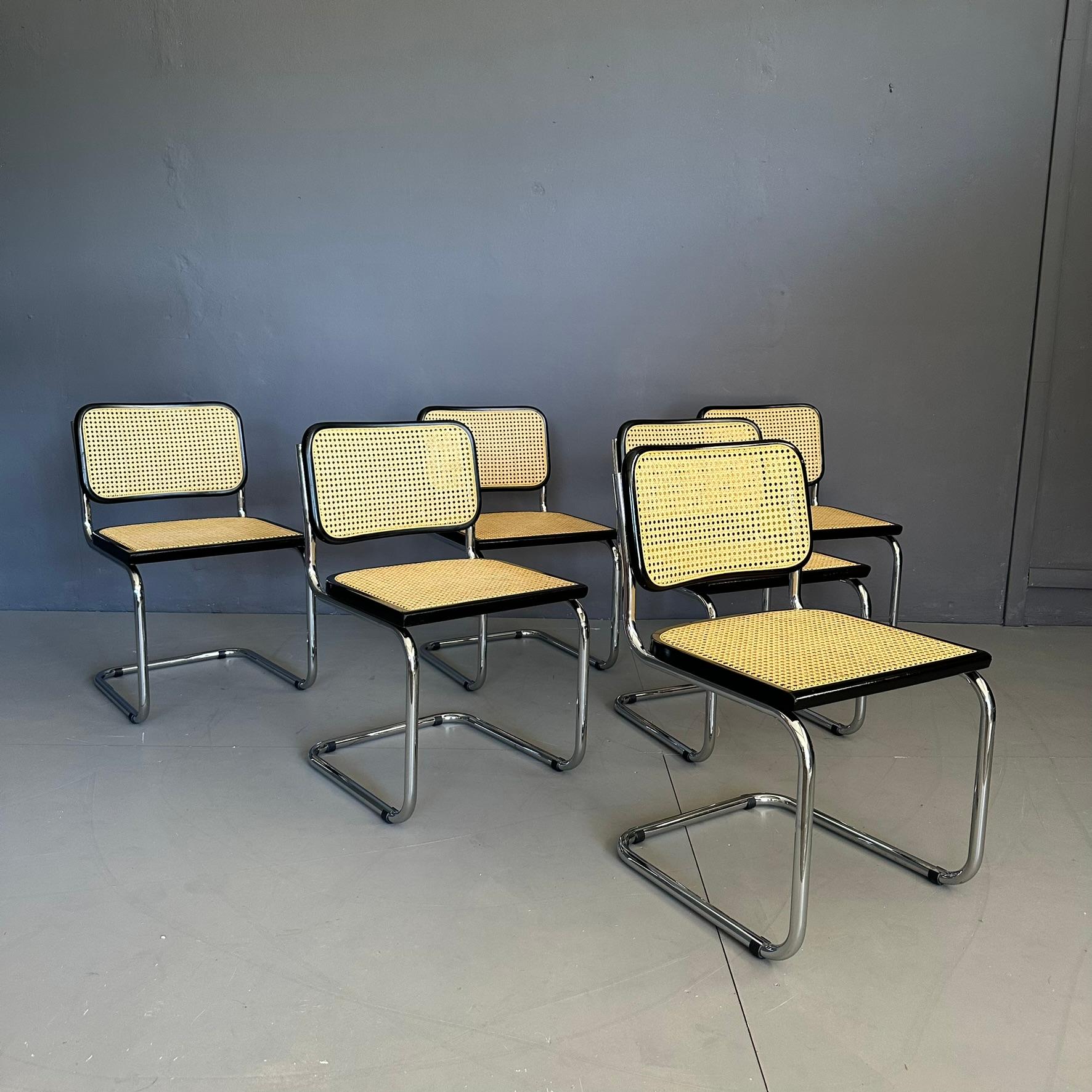 Mid-Century Modern Set of 6 CESCA chairs, model B32, design by Marcel Breuer for Gavina 1970