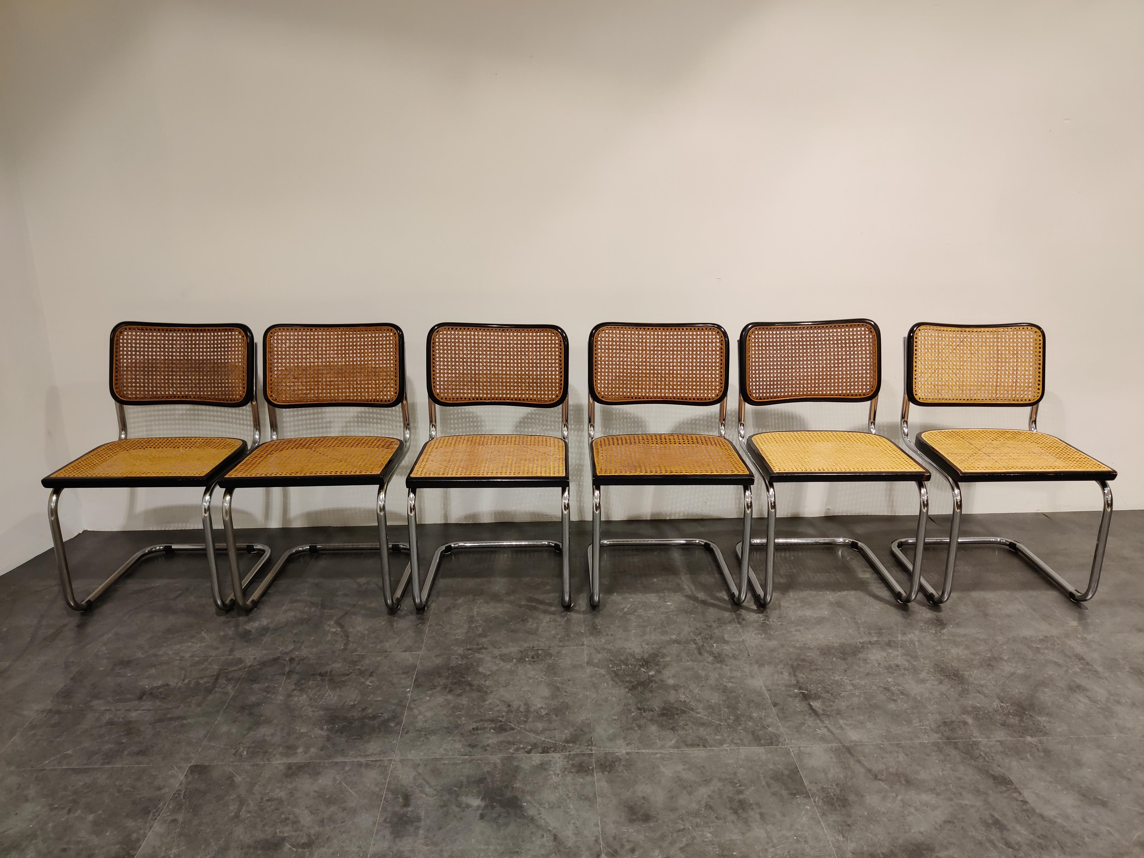 Set of 6 'cesca'  bauhaus design chairs. Original design dates from 1926.

Tubular chrome frame, cane seats and black lacquered wood.

Good condition.

Purchased by first owner in 1978.

Dimensions:
Height: 82cm/32.28