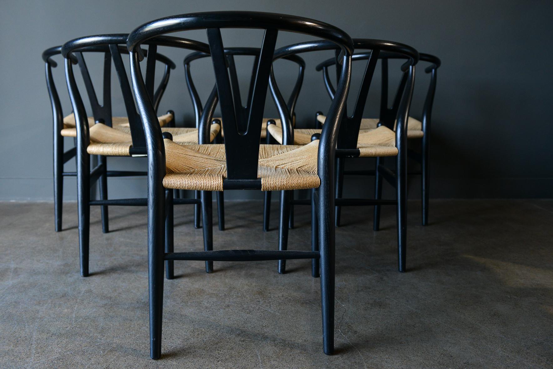 Set of 6 CH-24 Wishbone Chairs by Hans Wegner in Ebonized Oak In Good Condition In Costa Mesa, CA