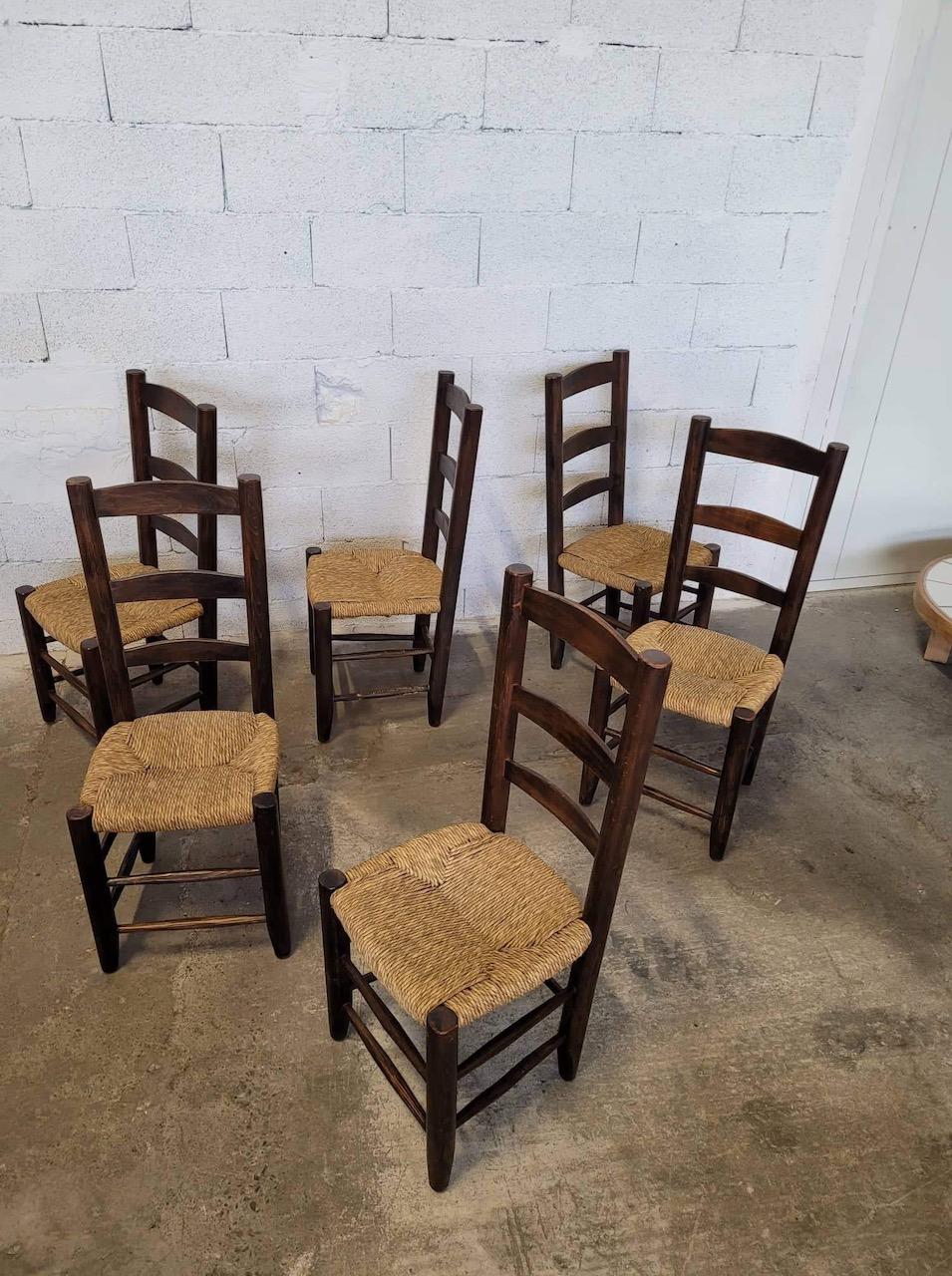 Mid-Century Modern Set of 6 Chairs 1950 Charlotte Perriand Style For Sale