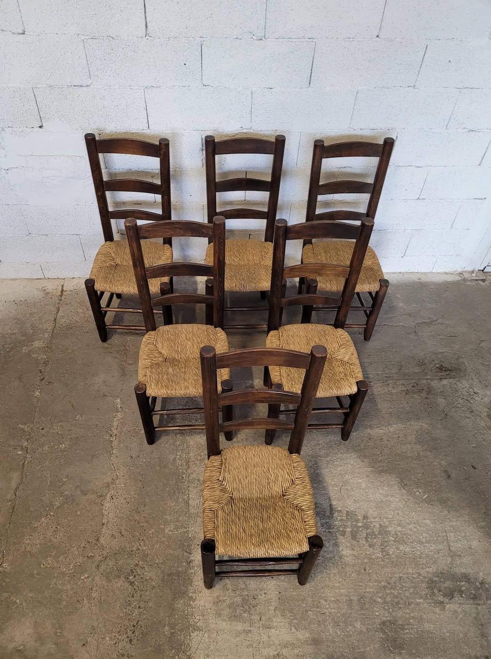 French Set of 6 Chairs 1950 Charlotte Perriand Style For Sale