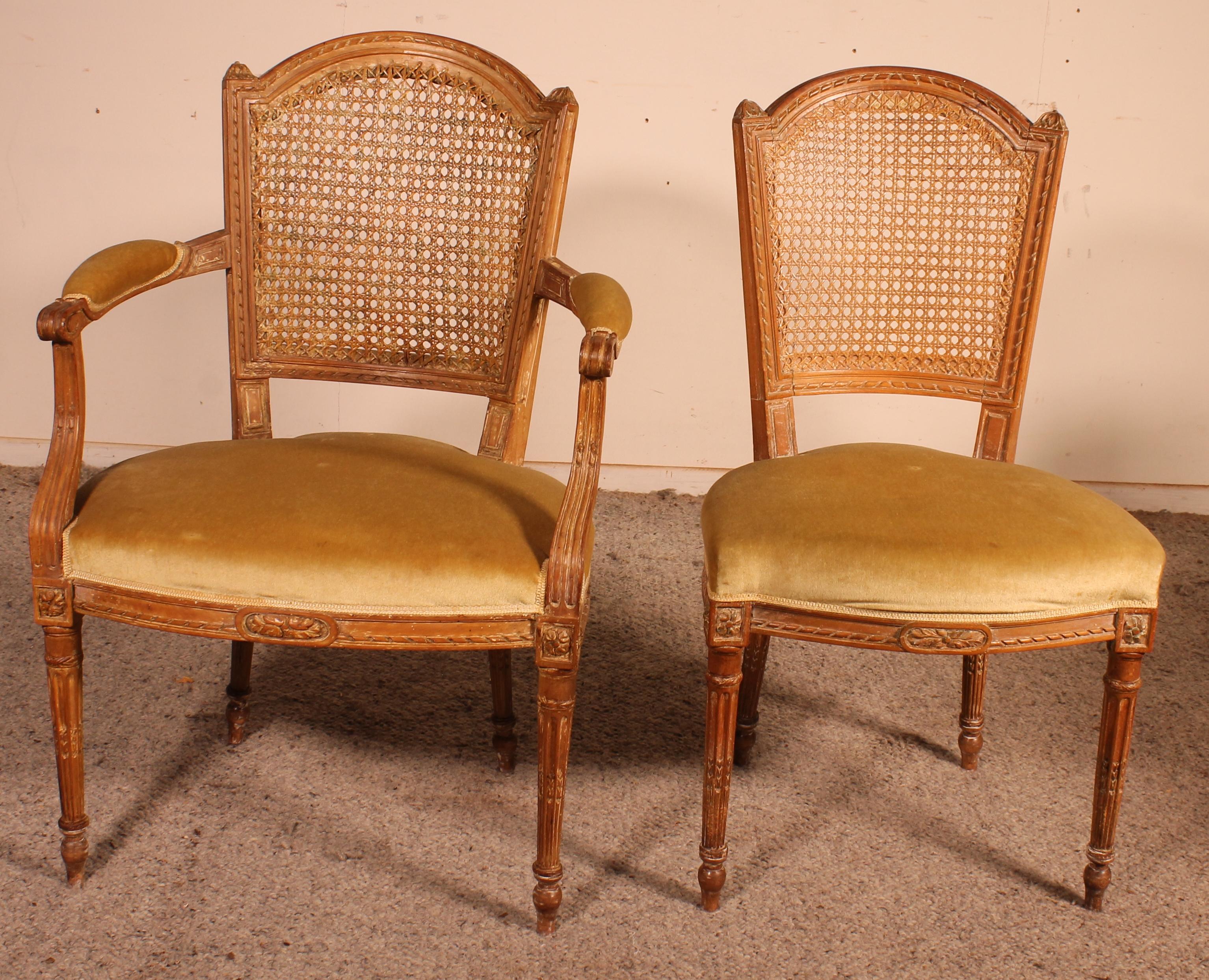 French Set of 6 Chairs and Two Louis XVI Armchairs, 18th Century For Sale