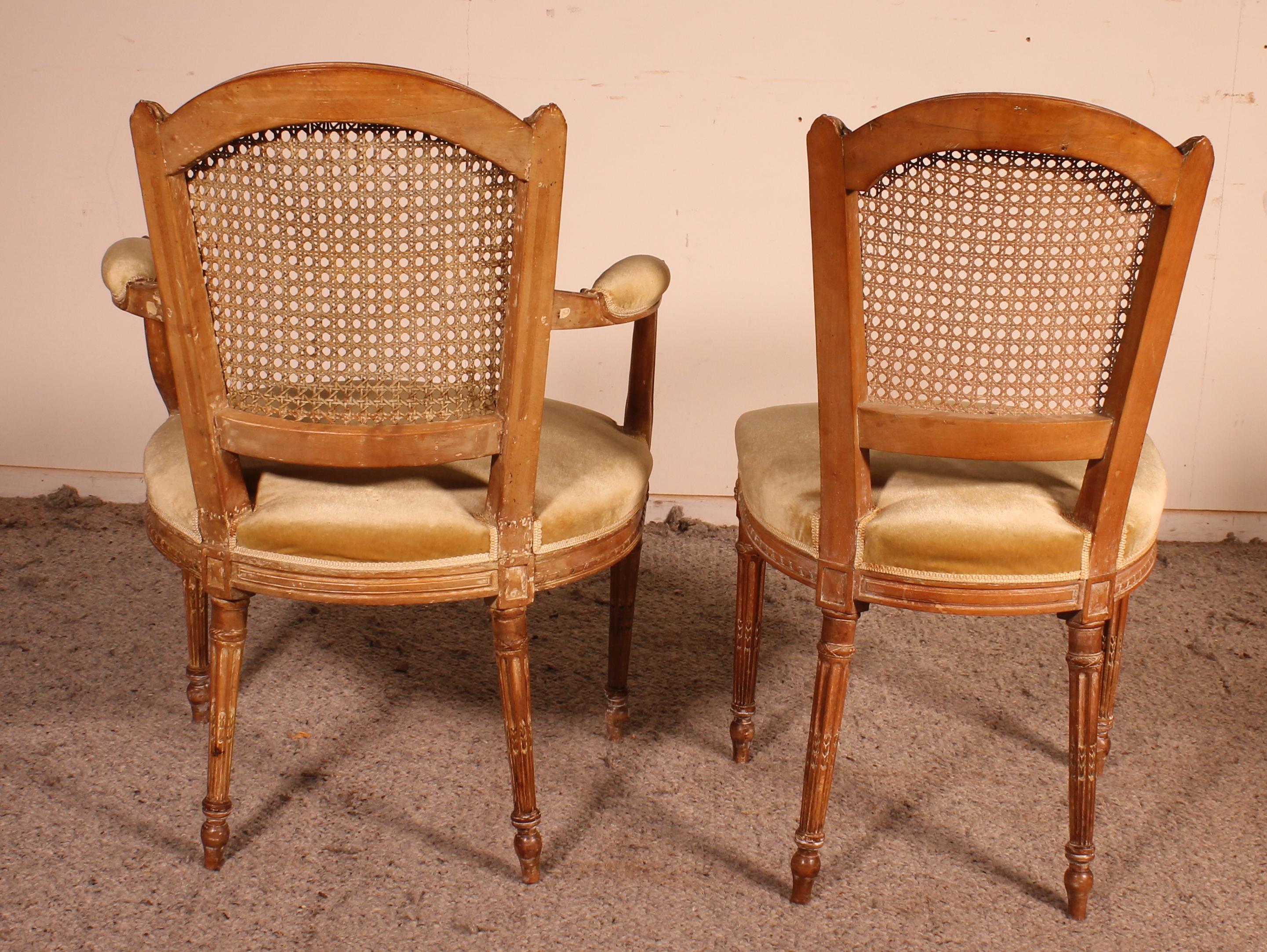 Fruitwood Set of 6 Chairs and Two Louis XVI Armchairs, 18th Century For Sale