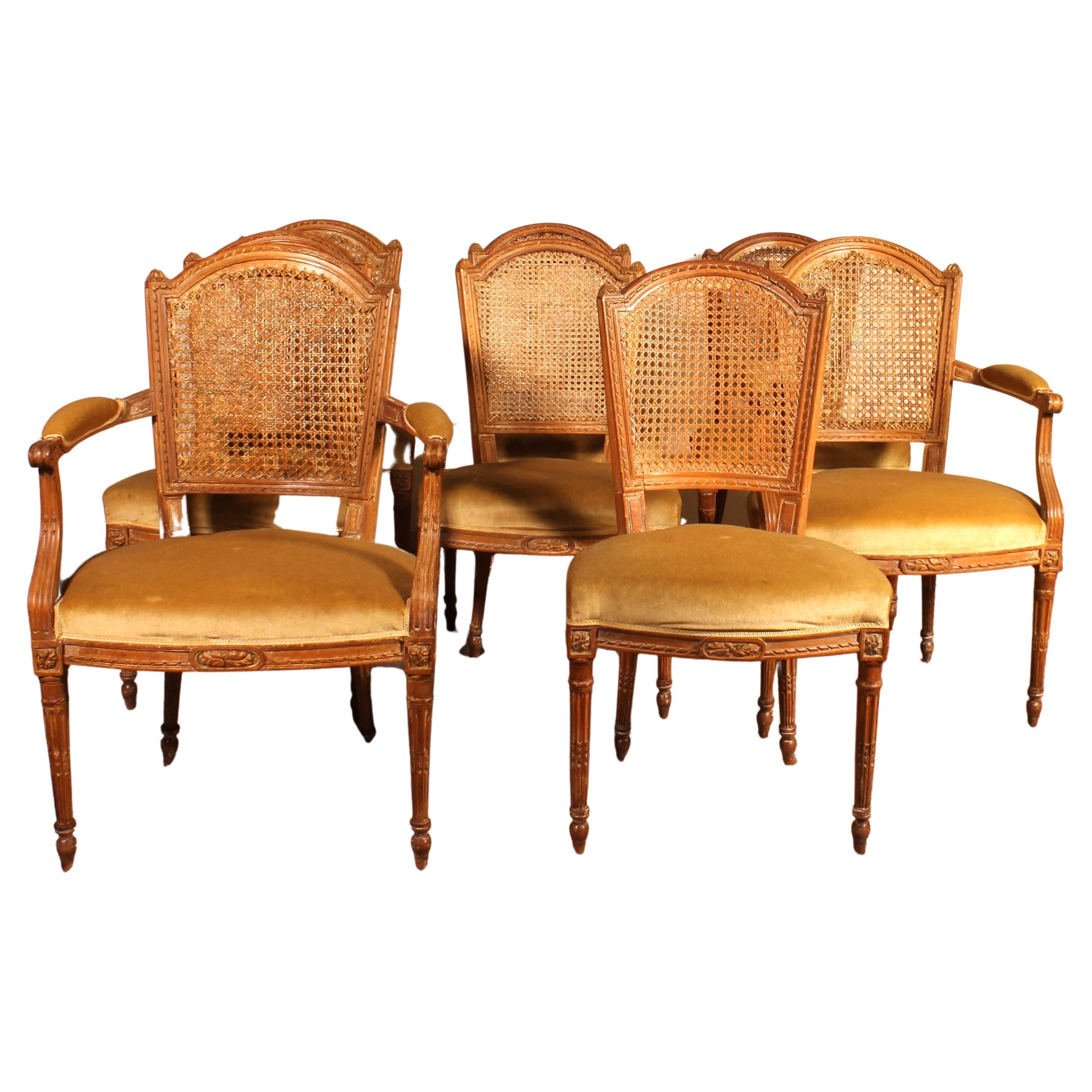 Ensemble de 6 chaises et deux fauteuils Louis XVI, 18ème siècle en vente