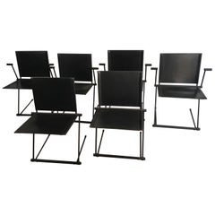 Vintage Set of 6 Chairs, Black Lacquered Metal and Leather Chairs and Armchairs
