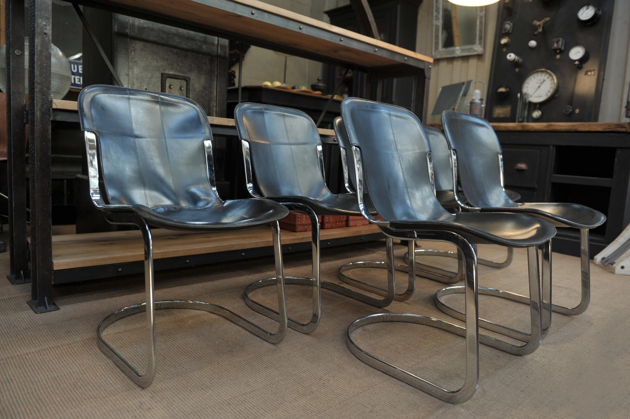 Set of 6 Chairs by Designer Willy Rizzo Leather and Chrome Metal, circa 1970 5