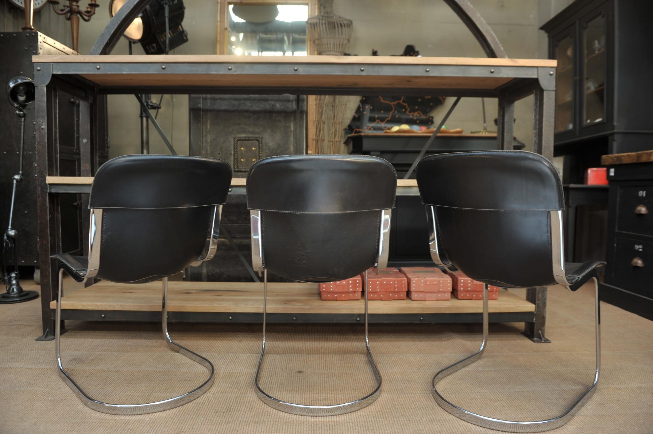 Set of 6 Chairs by Designer Willy Rizzo Leather and Chrome Metal, circa 1970 7