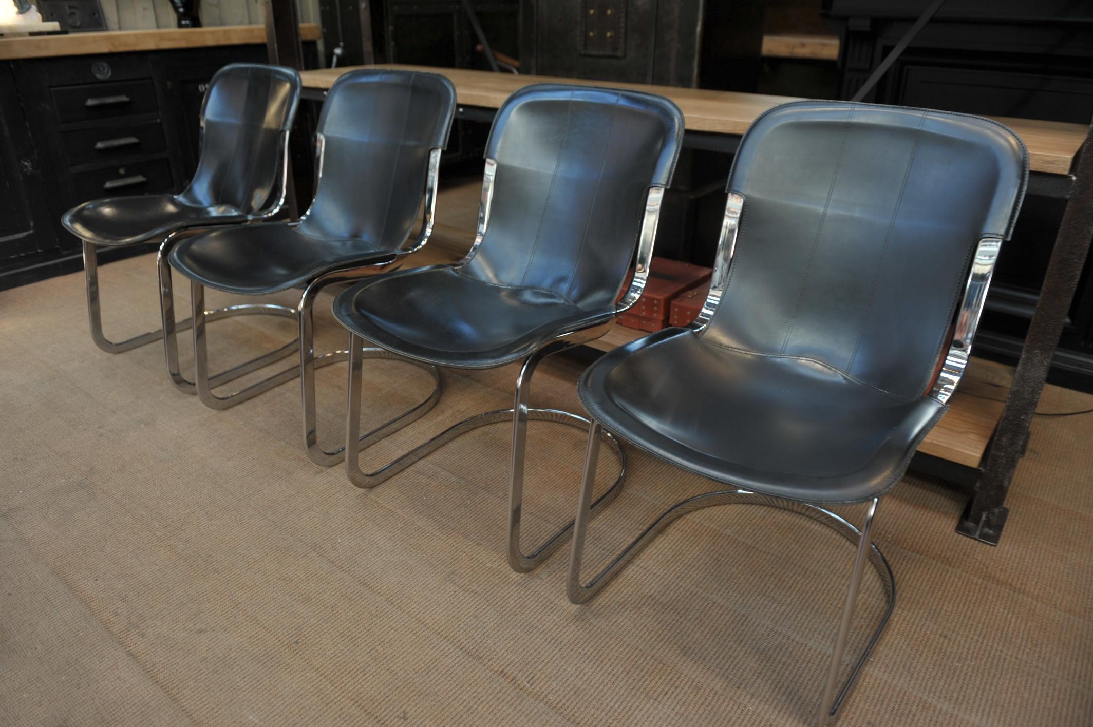 Set of 6 Chairs by Designer Willy Rizzo Leather and Chrome Metal, circa 1970 9