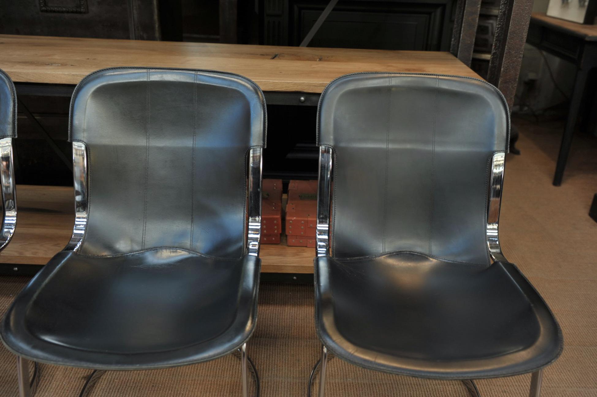 Set of 6 Chairs by Designer Willy Rizzo Leather and Chrome Metal, circa 1970 10