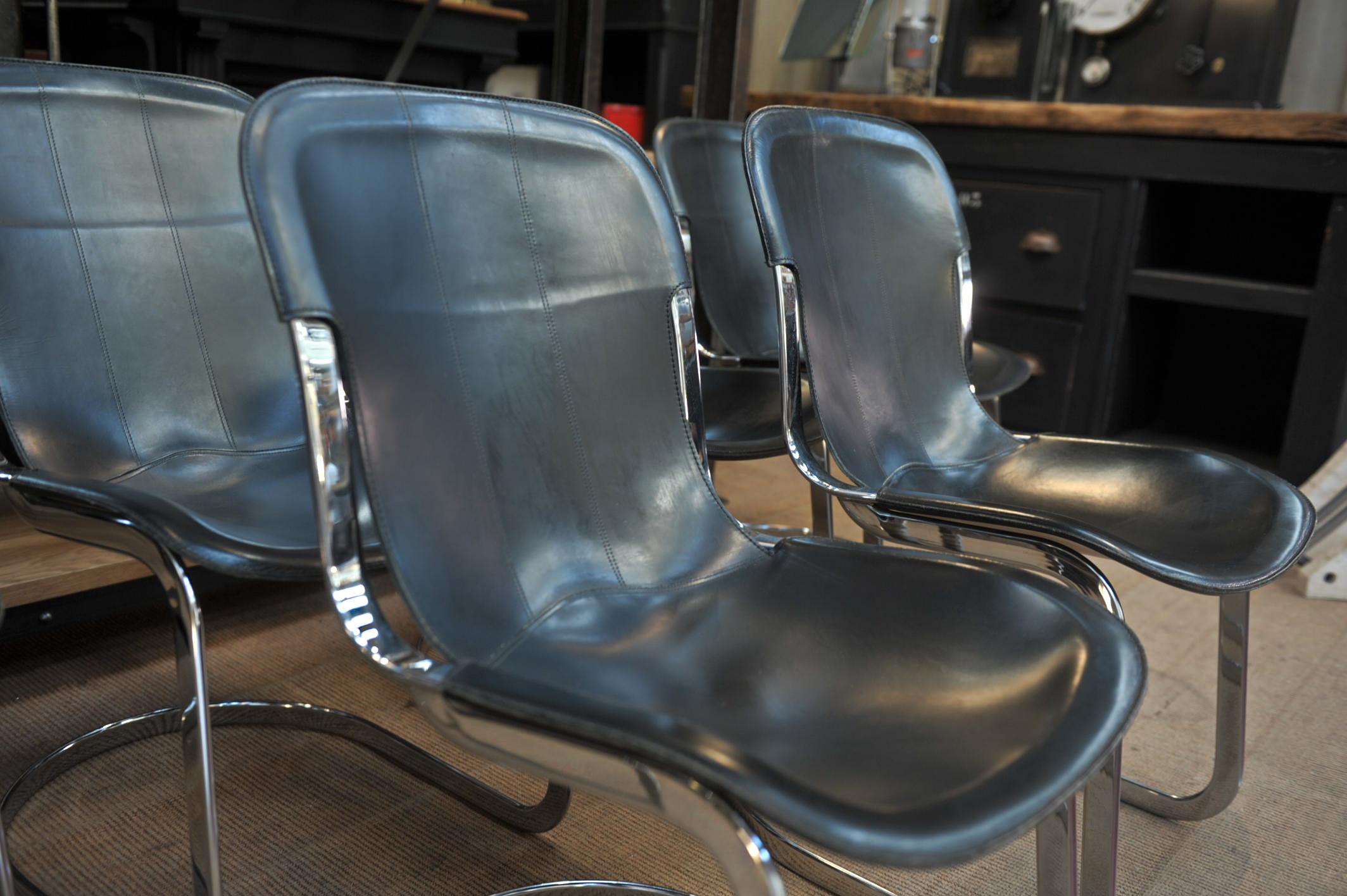 Set of 6 chairs by Designer Willy Rizzo leather and chrome metal, circa 1970.