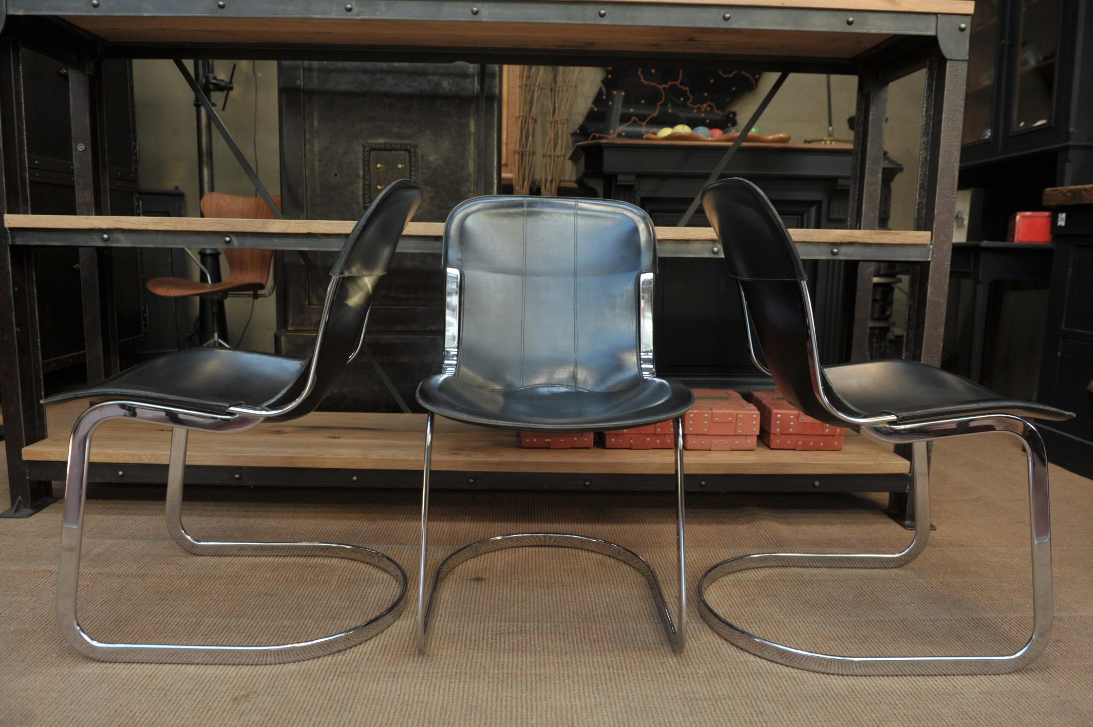 Mid-Century Modern Set of 6 Chairs by Designer Willy Rizzo Leather and Chrome Metal, circa 1970