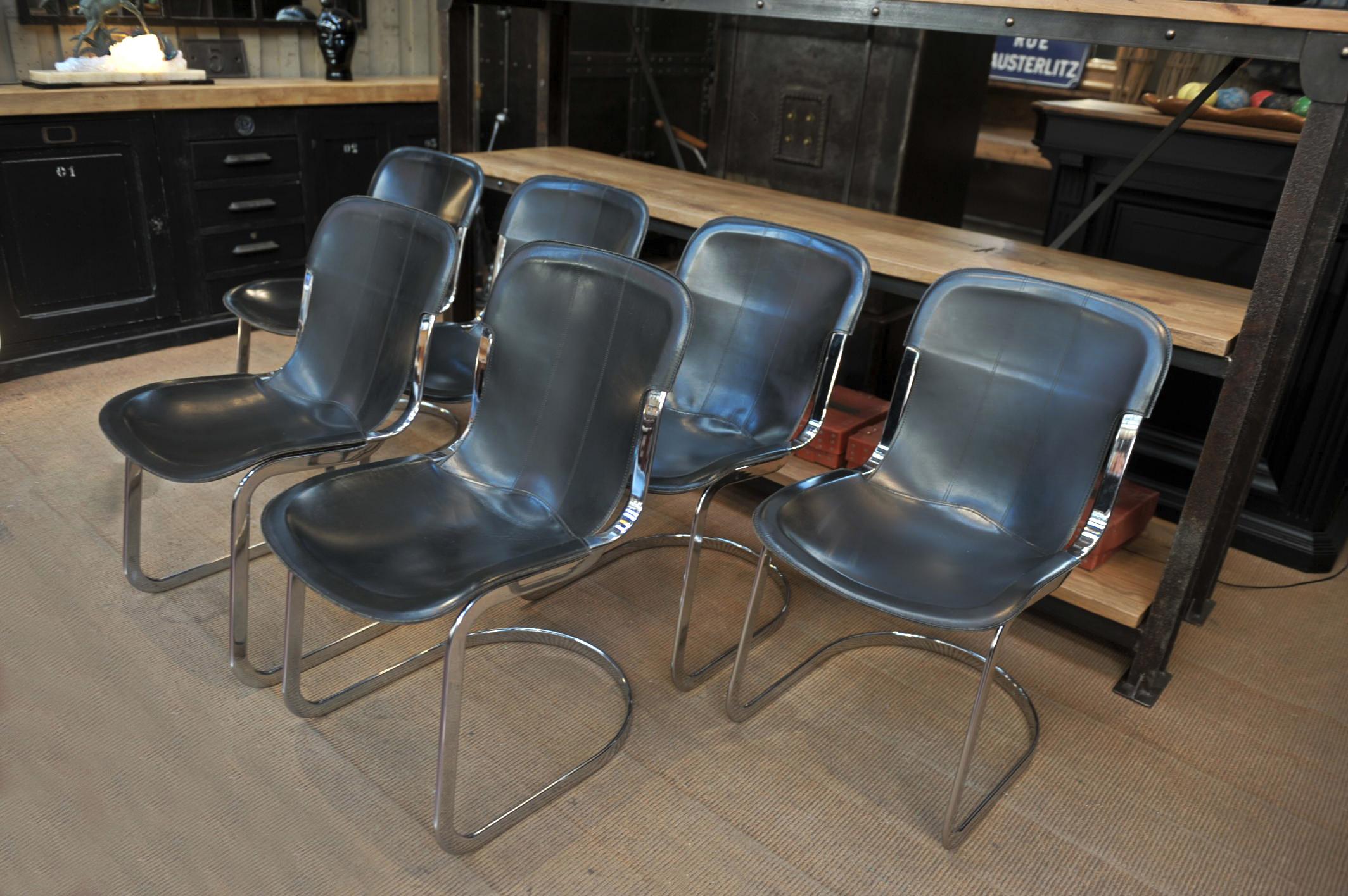 Italian Set of 6 Chairs by Designer Willy Rizzo Leather and Chrome Metal, circa 1970