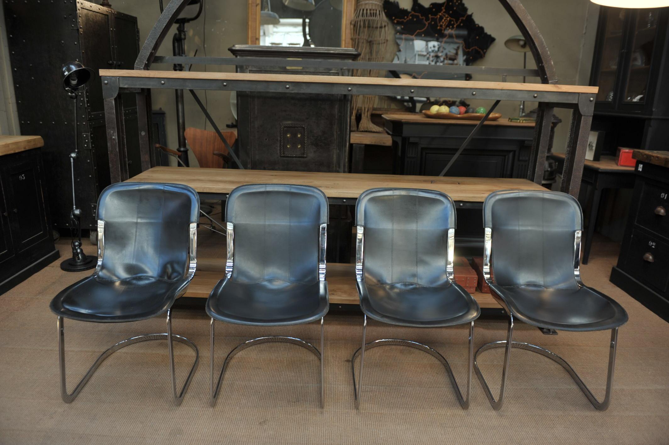 Late 20th Century Set of 6 Chairs by Designer Willy Rizzo Leather and Chrome Metal, circa 1970