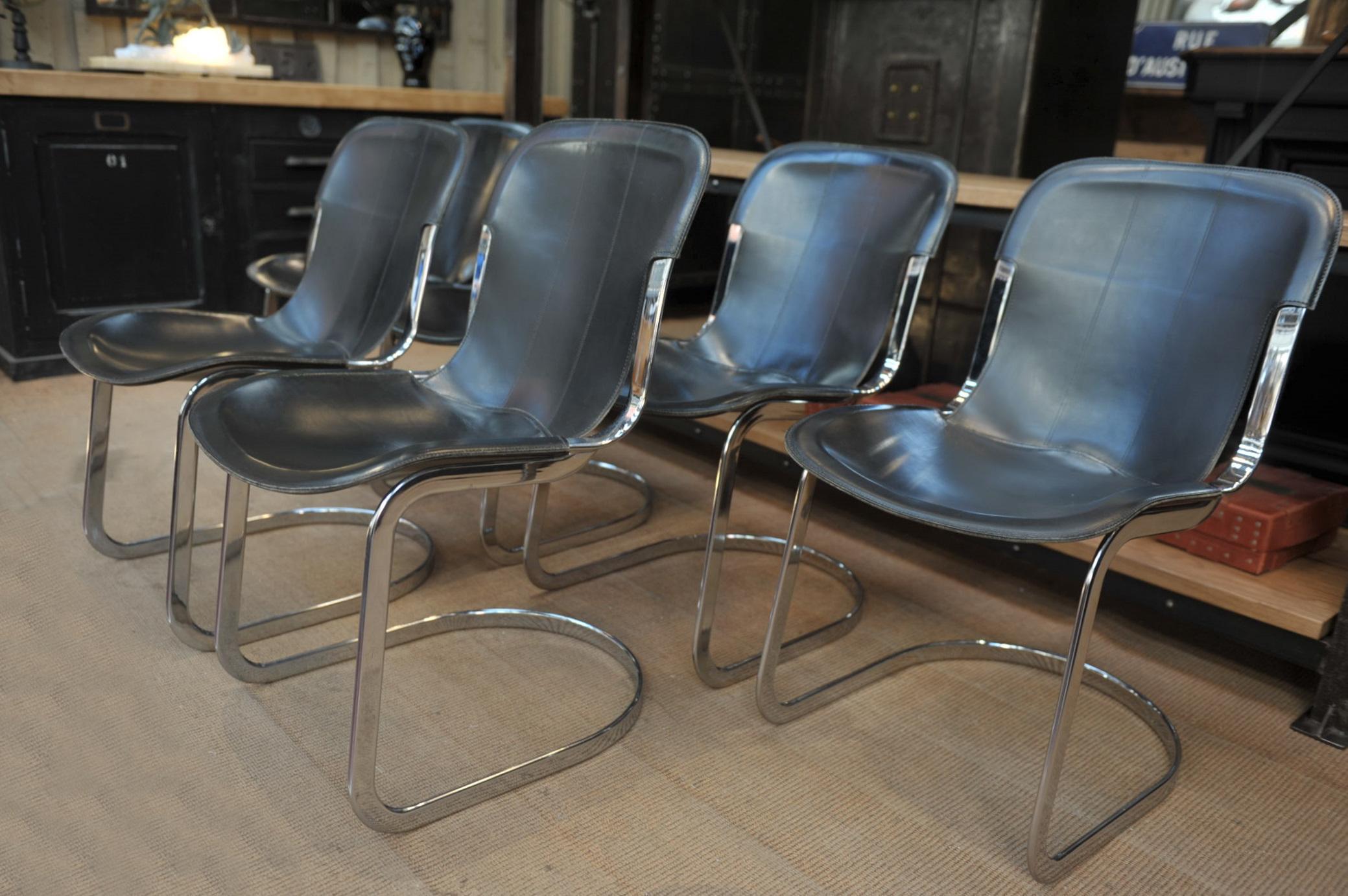 Set of 6 Chairs by Designer Willy Rizzo Leather and Chrome Metal, circa 1970 1