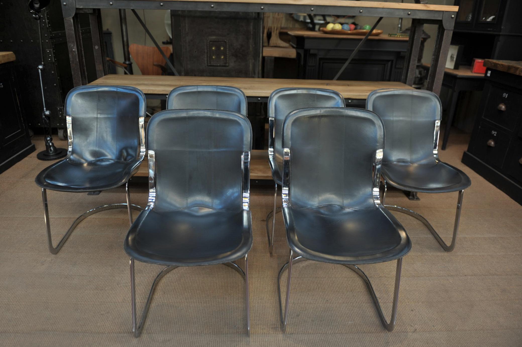 Set of 6 Chairs by Designer Willy Rizzo Leather and Chrome Metal, circa 1970 3