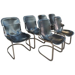 Set of 6 Chairs by Designer Willy Rizzo Leather and Chrome Metal, circa 1970