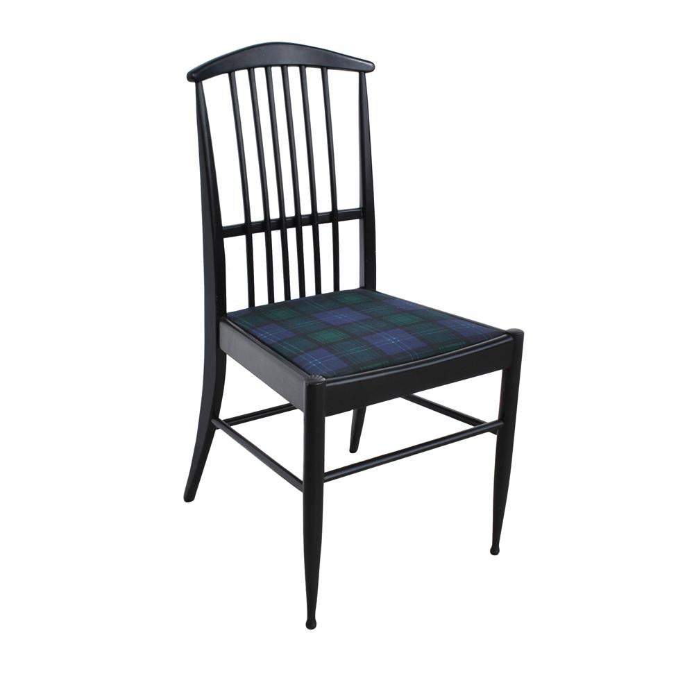 Charlotte by Kerstin Horlin Holmquist for Asko Finland
Set of 6 dining chairs in ebonized wood and upholstered in blue plaid.

Swedish designer Kerstin Hörlin-Holmquist mainly worked for the Swedish furniture manufacturer NK. This 