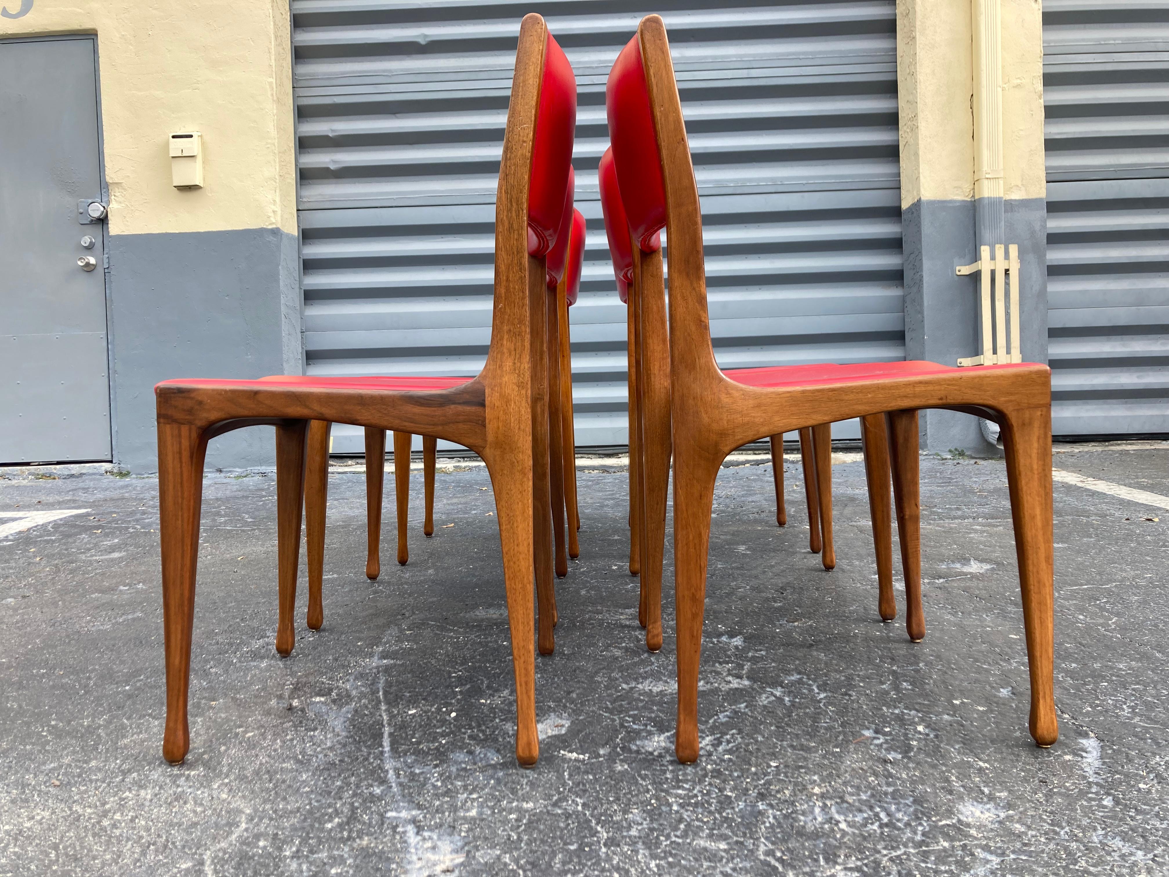 Set of 6 Chairs Designed by Carlo de Carli for Cassina, Walnut, Red Vinyl 6