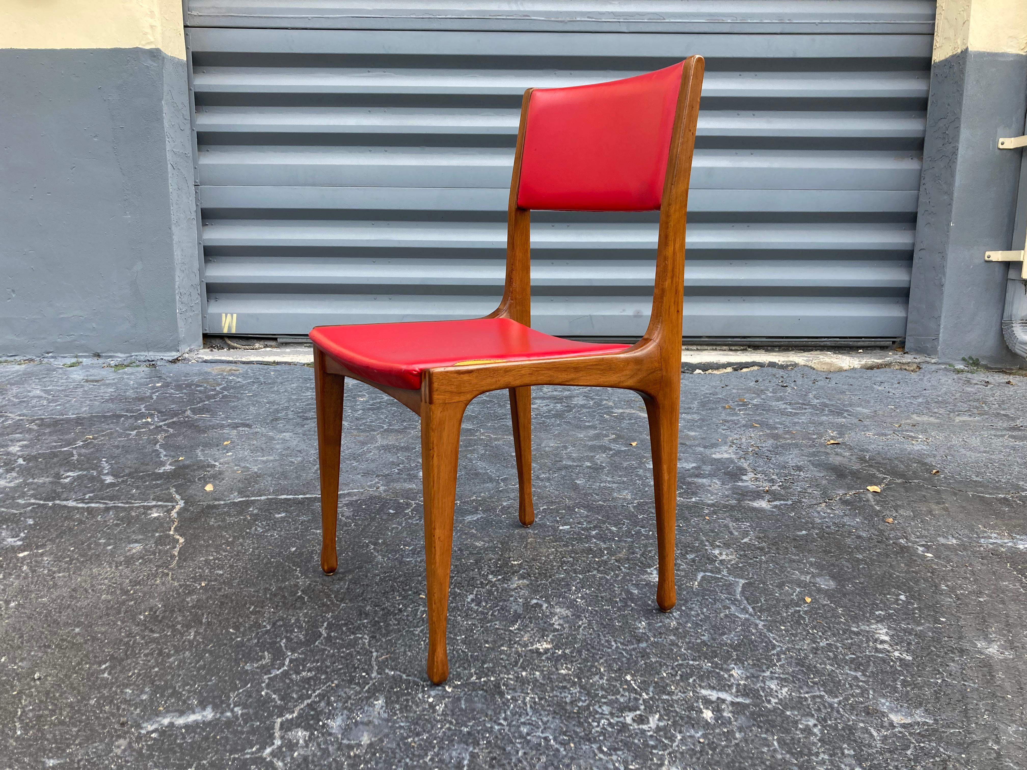 Set of 6 Chairs Designed by Carlo de Carli for Cassina, Walnut, Red Vinyl 8