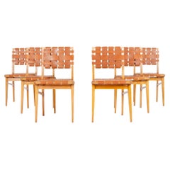 Set of 6 Chairs in Beech and Brown Leather, 1950